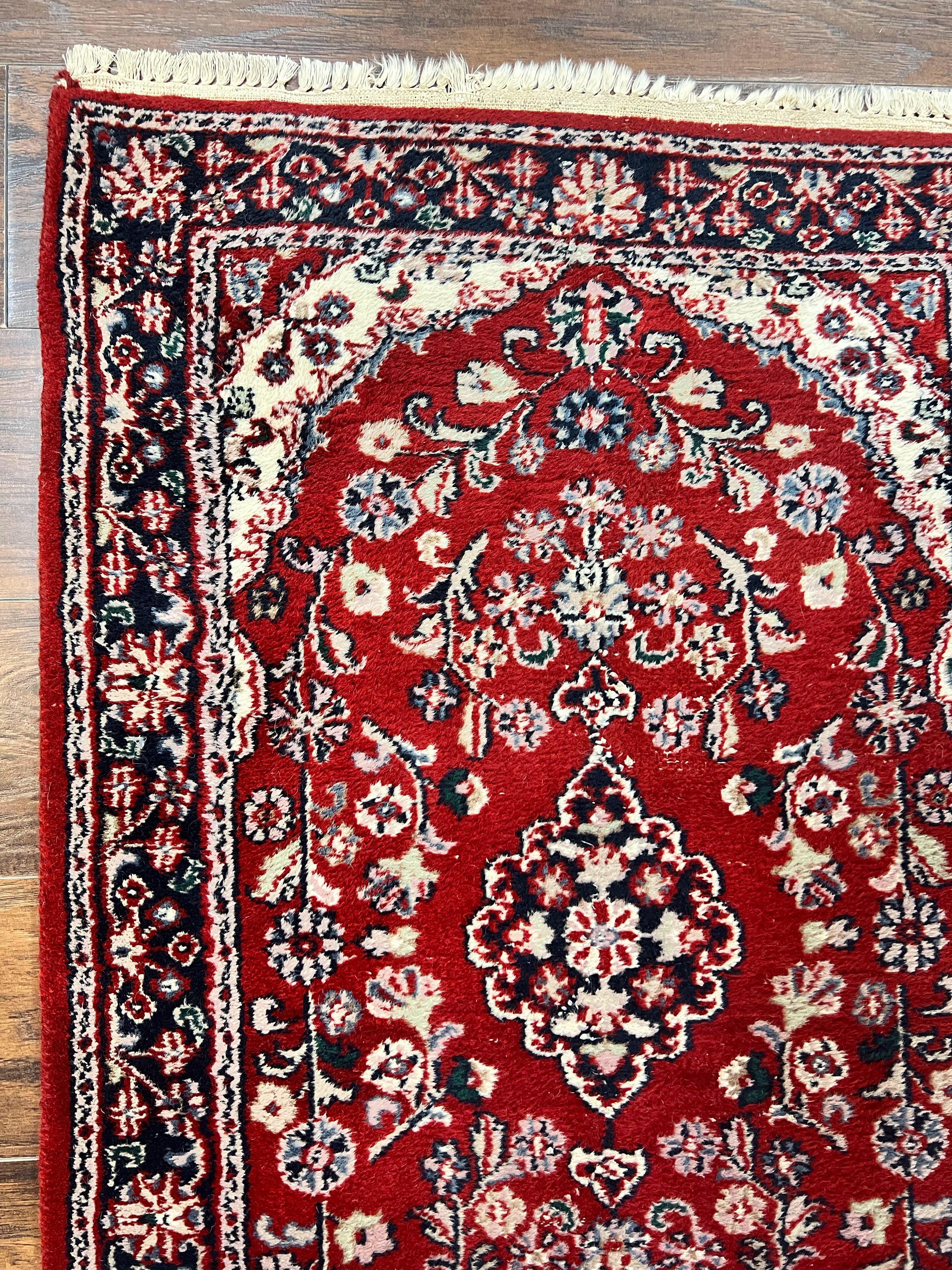 Indo Sarouk Runner Rug 3x8, Wool Hand Knotted Vintage Carpet, Red & Navy Blue Oriental Persian Runner 3 x 8, Floral Hallway Rug - Jewel Rugs