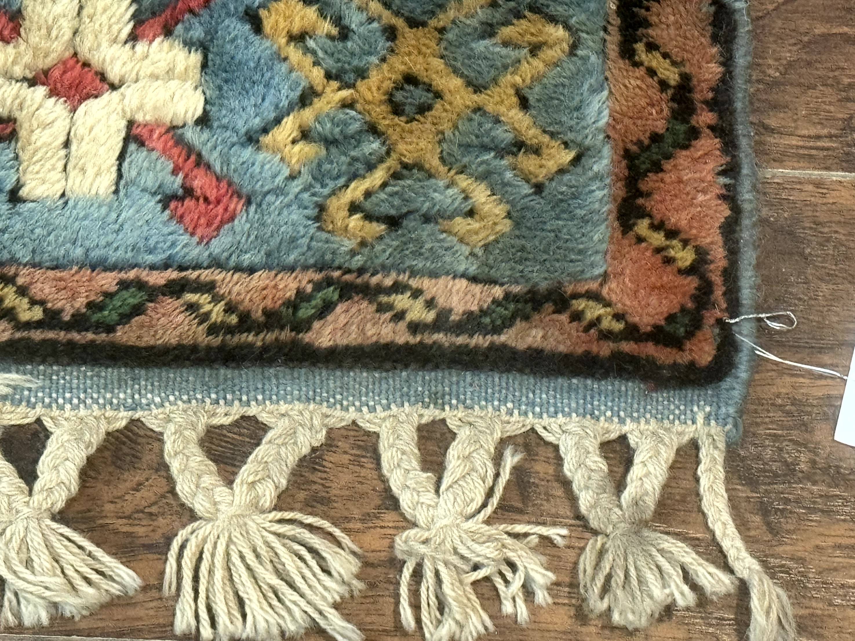 Turkish Kazak Runner Rug 3x11, Cream and Light Blue, Vintage - Jewel Rugs