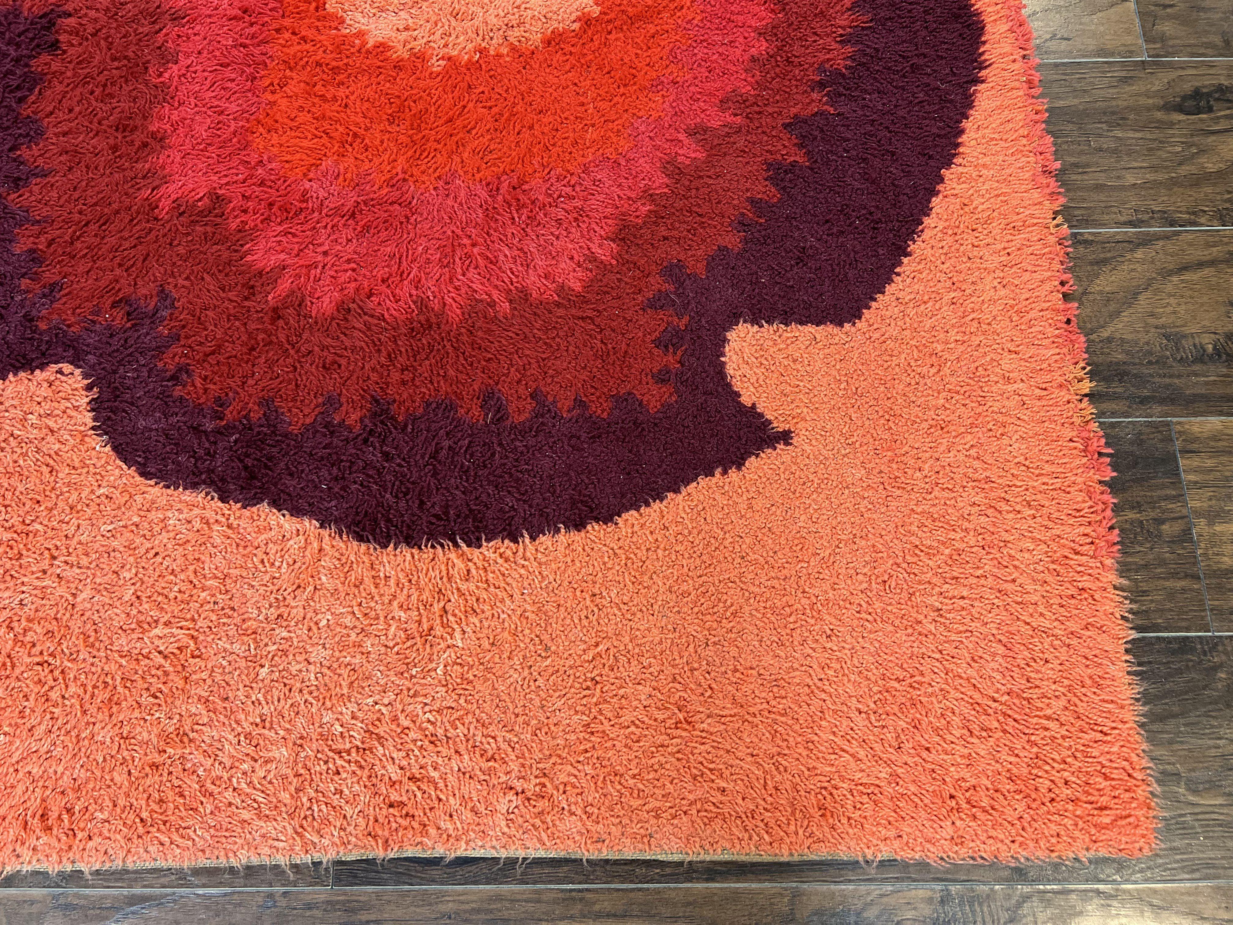 Danish Rya Shag Rug 4x6, Mid Century 1960s Retro Vintage Wool Rug, Shades of Red - Jewel Rugs