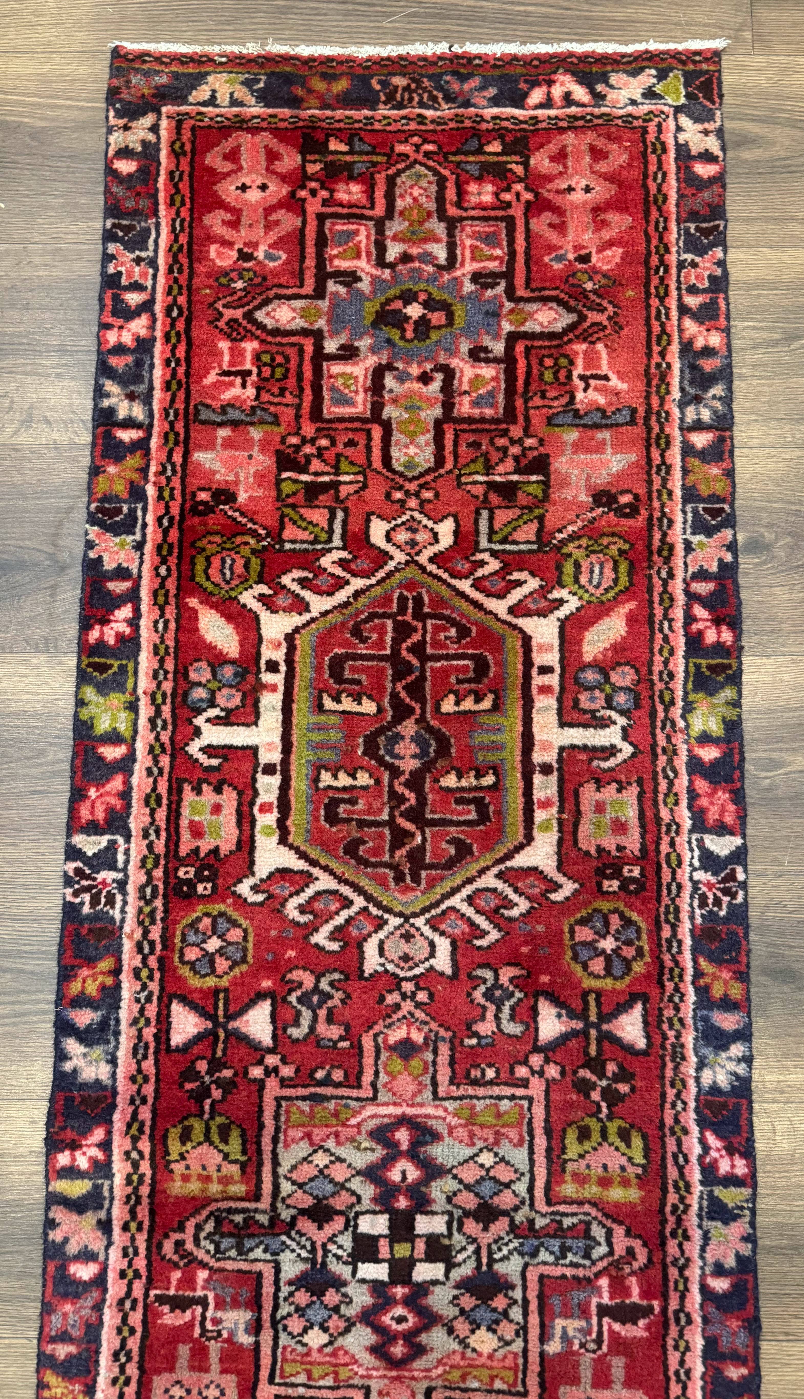 Persian Heriz Karajeh Runner Rug 2x9, Geometric Medallions, Red Navy Blue, 2 x 9 Rug for Hallway - Jewel Rugs