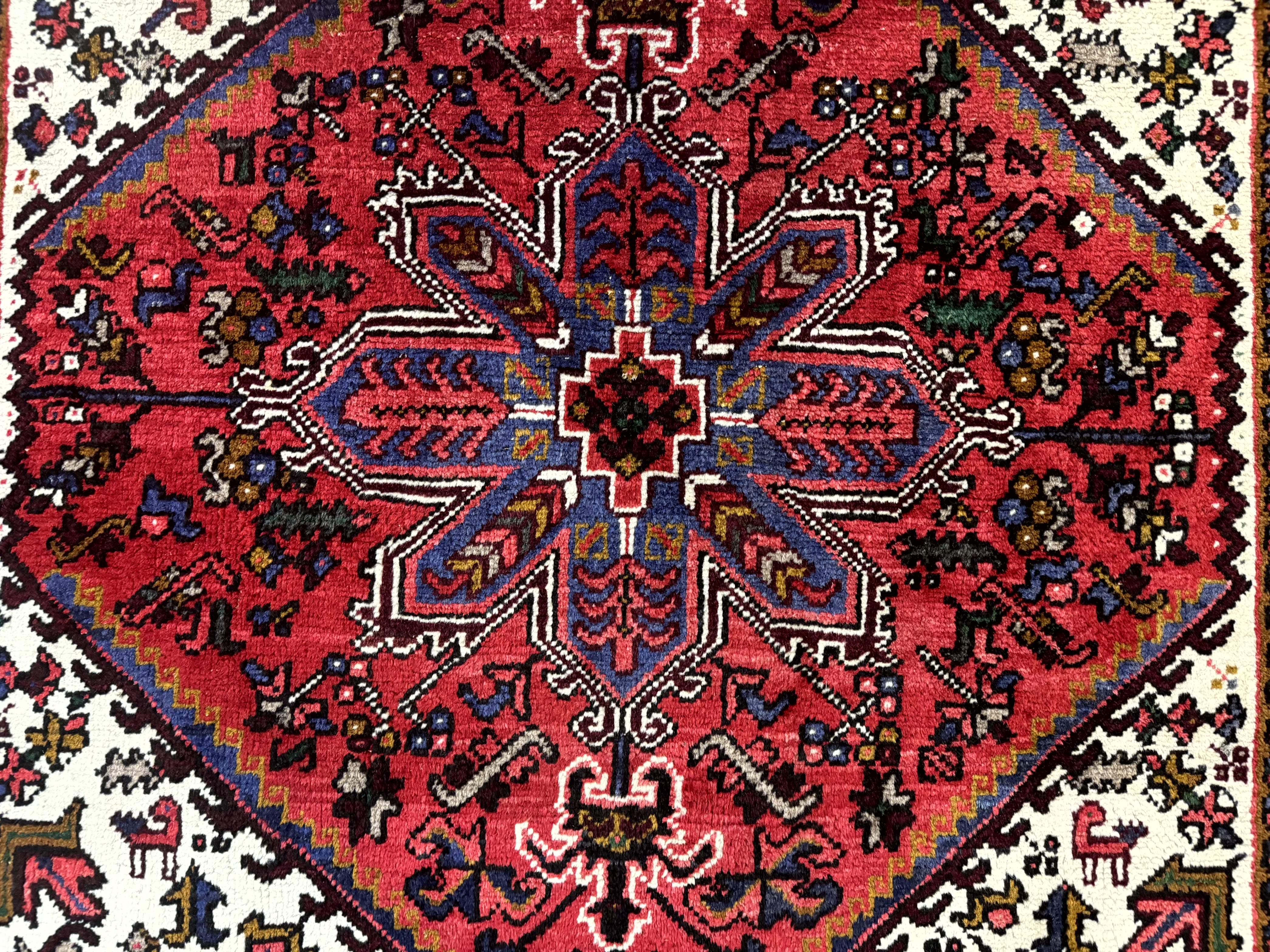 Persian Heriz Rug 5x6 – Red and Ivory, Hand-Knotted Wool, Vintage Geometric Carpet - Jewel Rugs