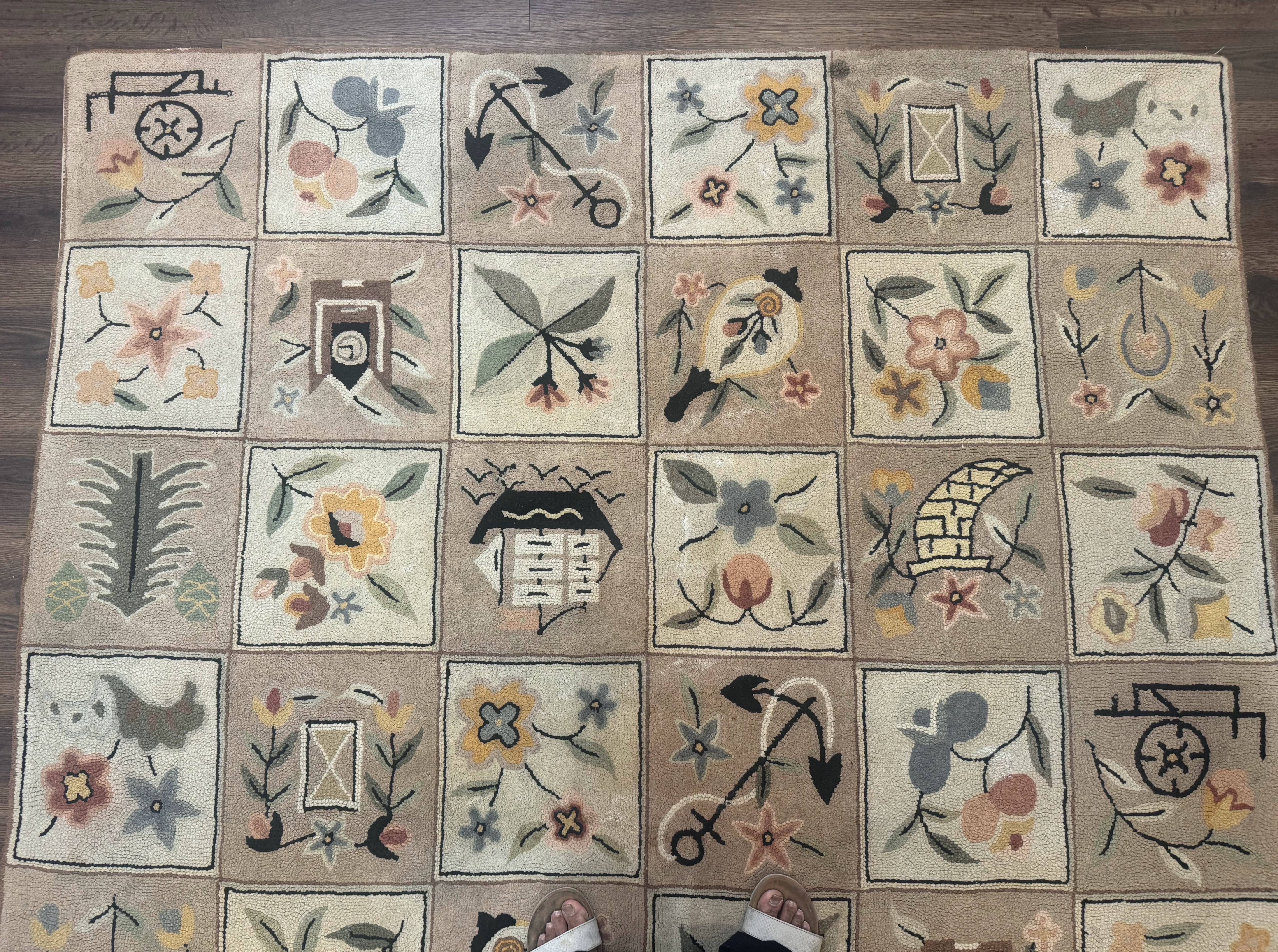 American Hooked Rug 6x9, Panel Design, Vintage, Ivory & Soft Pink - Jewel Rugs