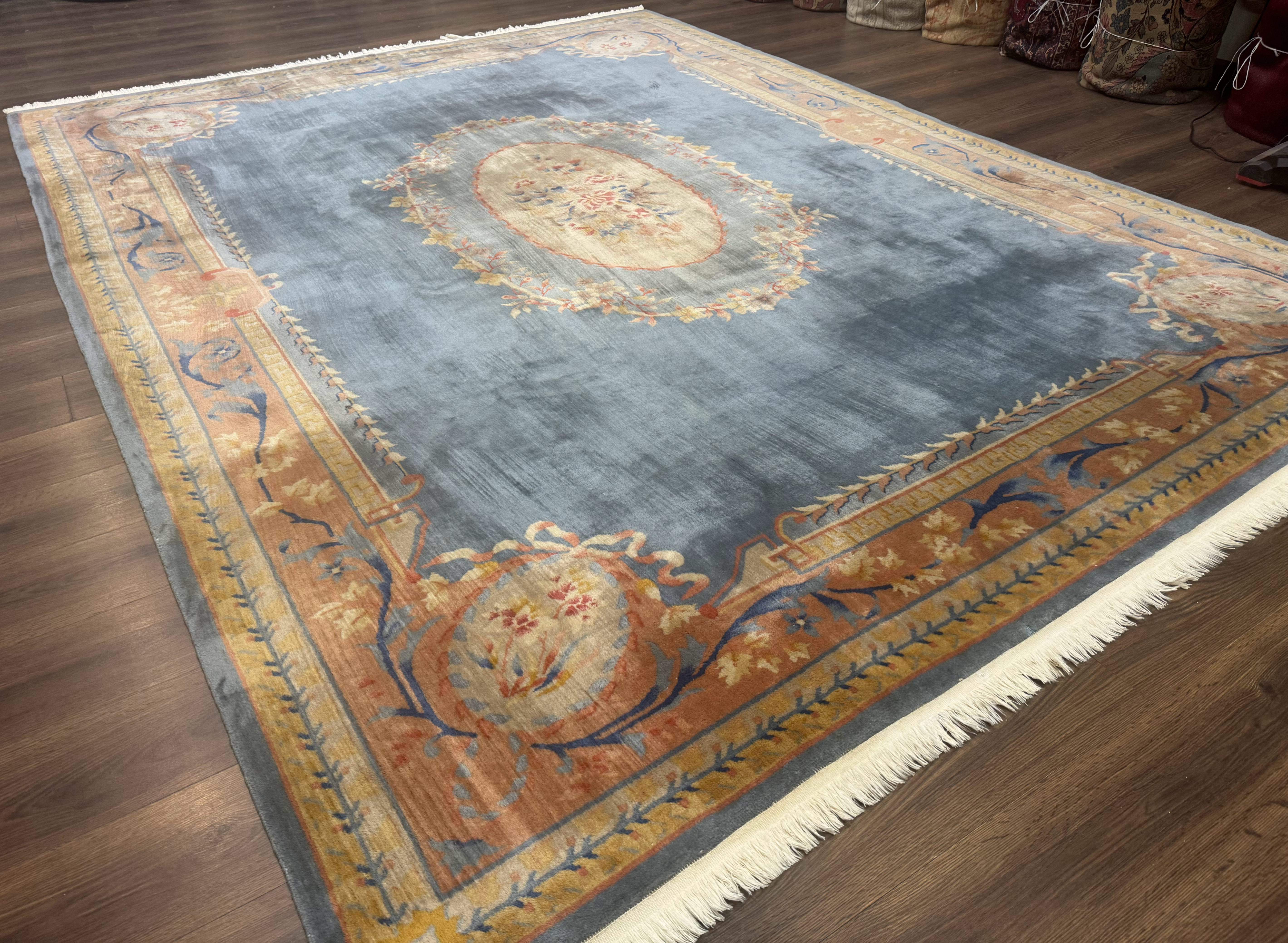 Chinese Aubusson Wool Rug 9x11, Light Blue and Salmon, Hand Knotted, Soft Pile - Jewel Rugs