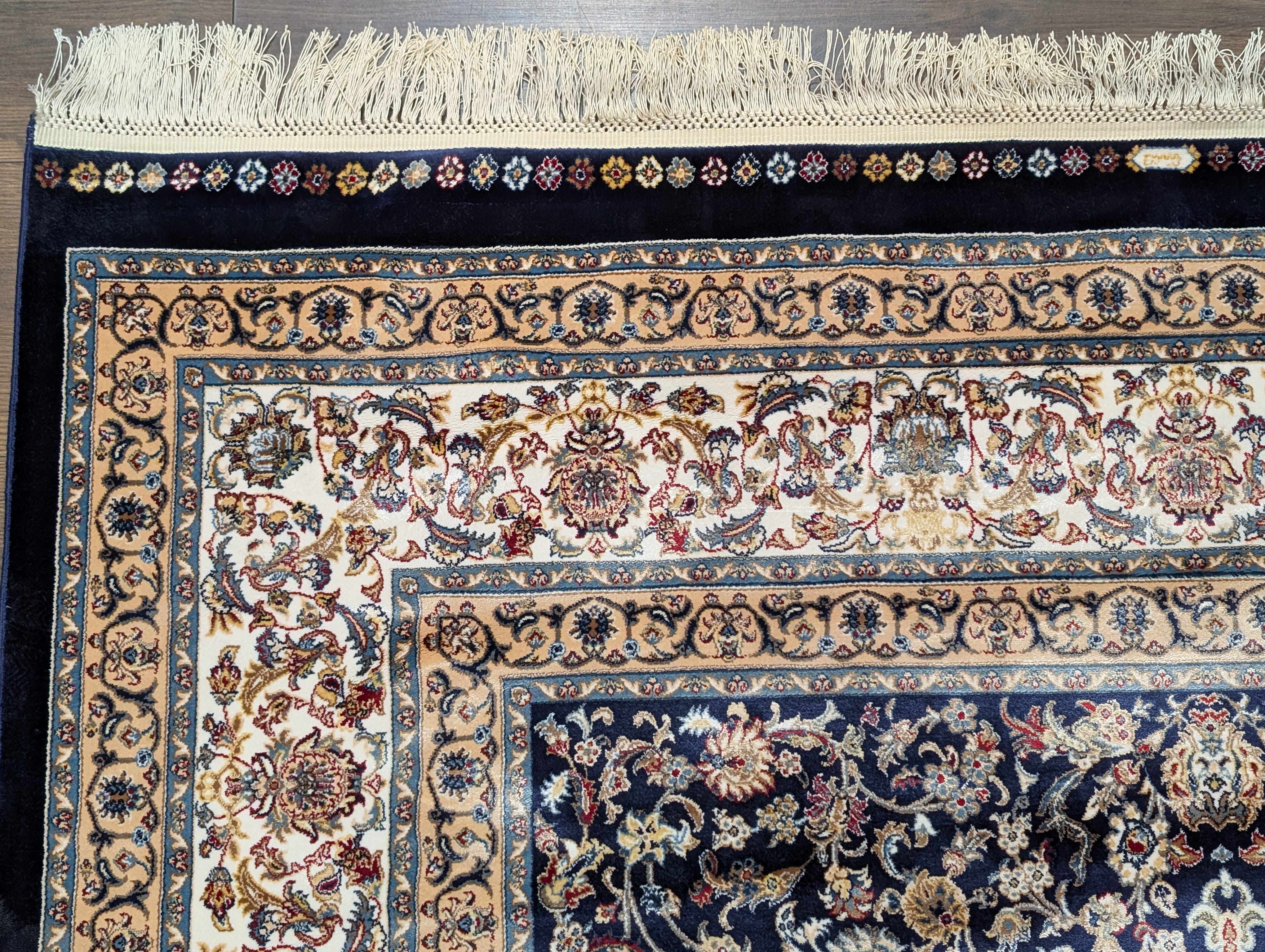 Square Turkish Silk Rug 5x5, Navy Blue and Ivory, Floral, Fine, Detailed, New, Bamboo Silk - Jewel Rugs