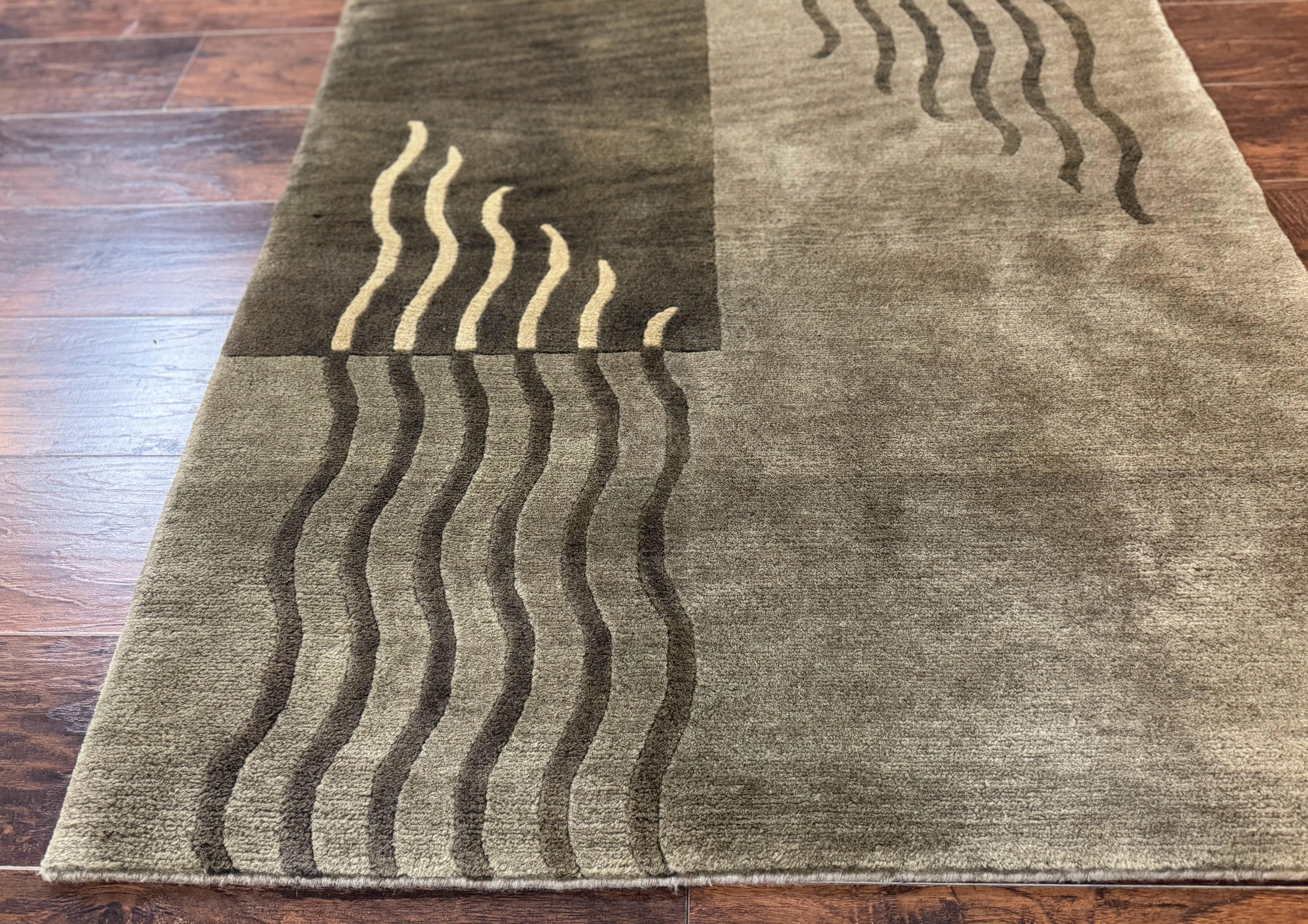 Modern Tibetan Wool Rug 3.6 x 5.6, Shades of Green, Abstract Design - Jewel Rugs