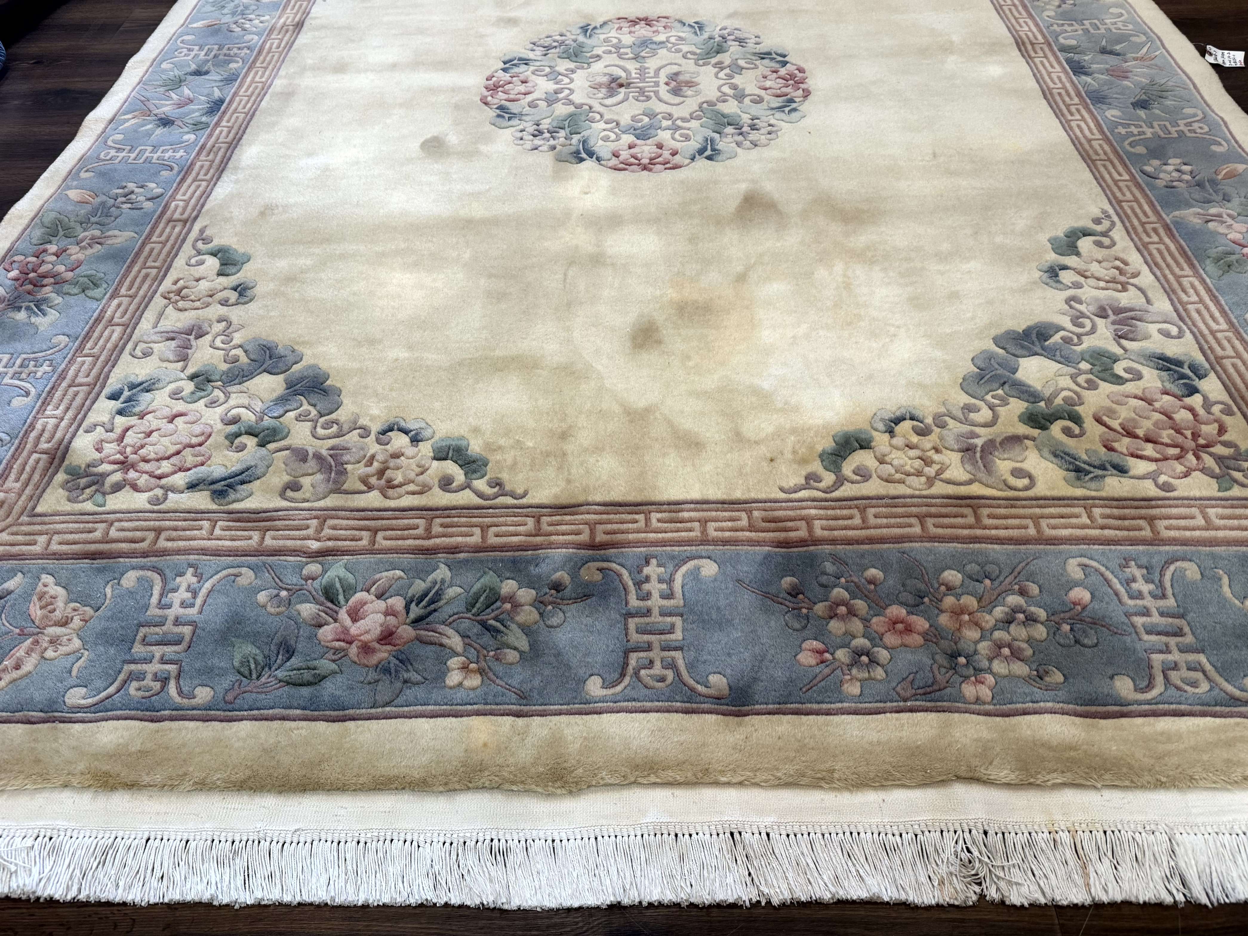 Chinese Wool Rug 8x10, Chinese 90 Line Carpet, Carving Sculpted Rug, Cream and Light Blue - Jewel Rugs
