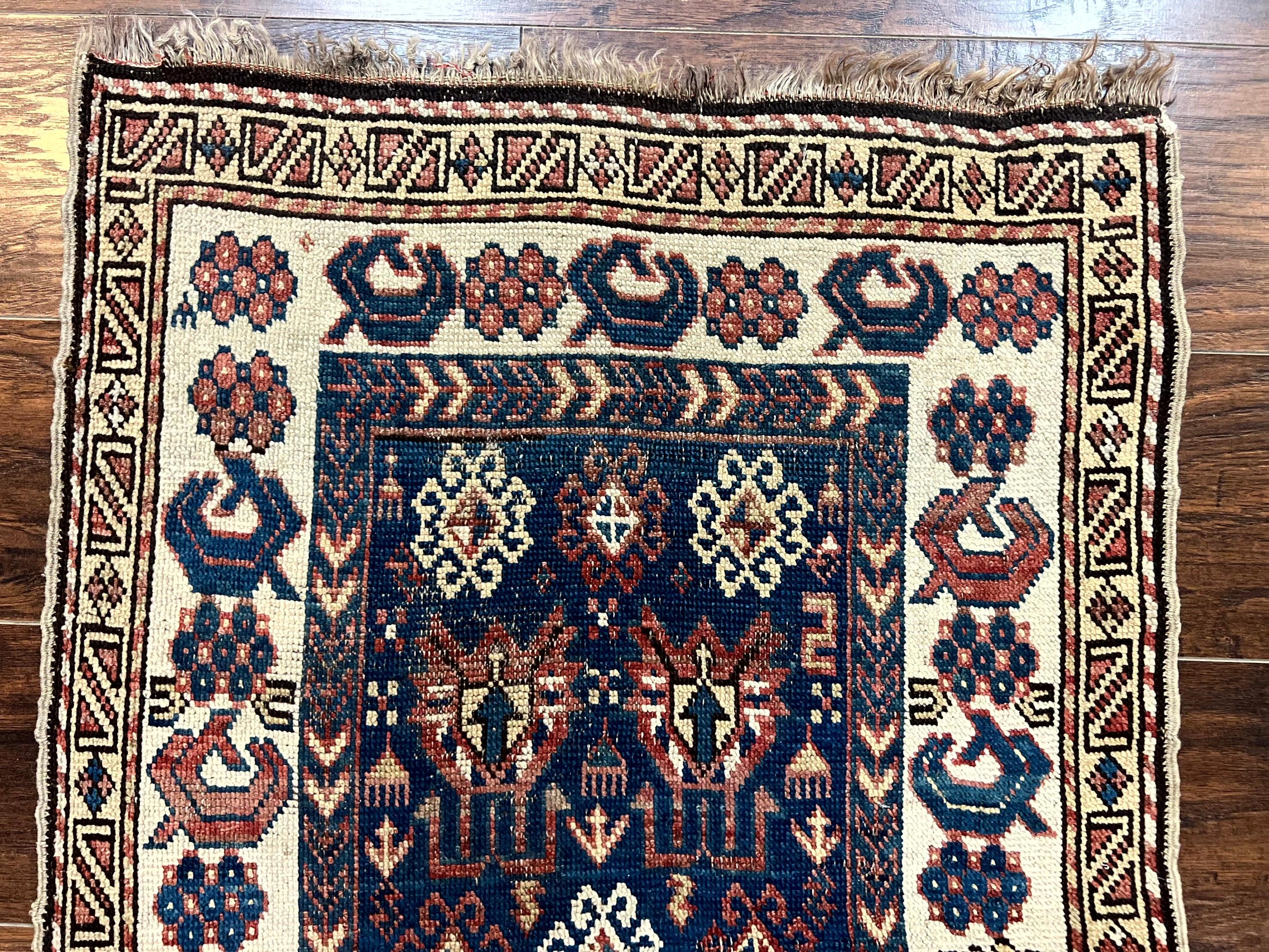 Antique Caucasian Kazak Rug 2.5 x 4, Navy Blue and Ivory, Hand Knotted Handmade Wool Rug - Jewel Rugs