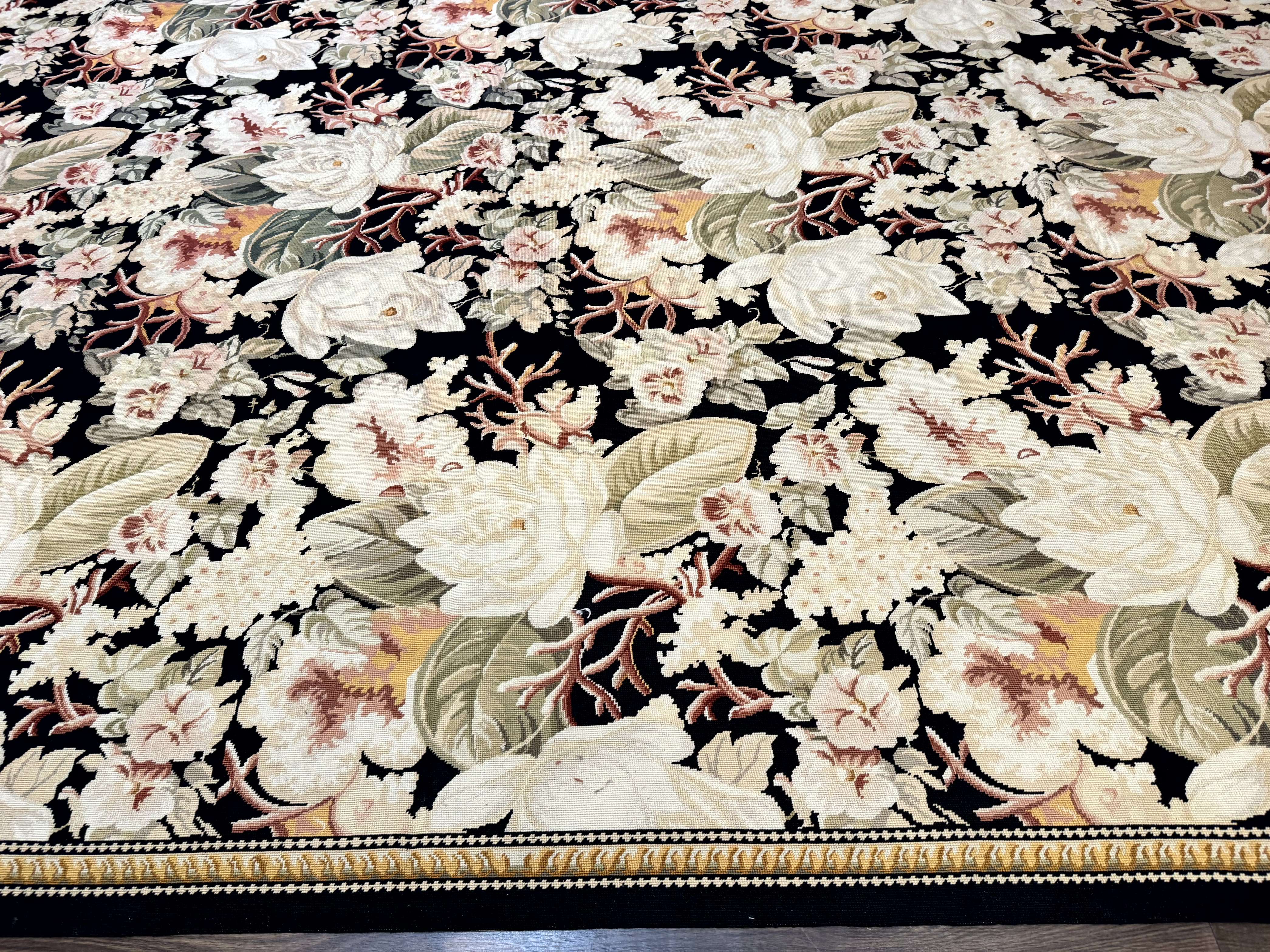 Palace Size Needlepoint Rug 13x17, Extra Large Wool Floral Handmade Carpet, European Design, Botanical - Jewel Rugs