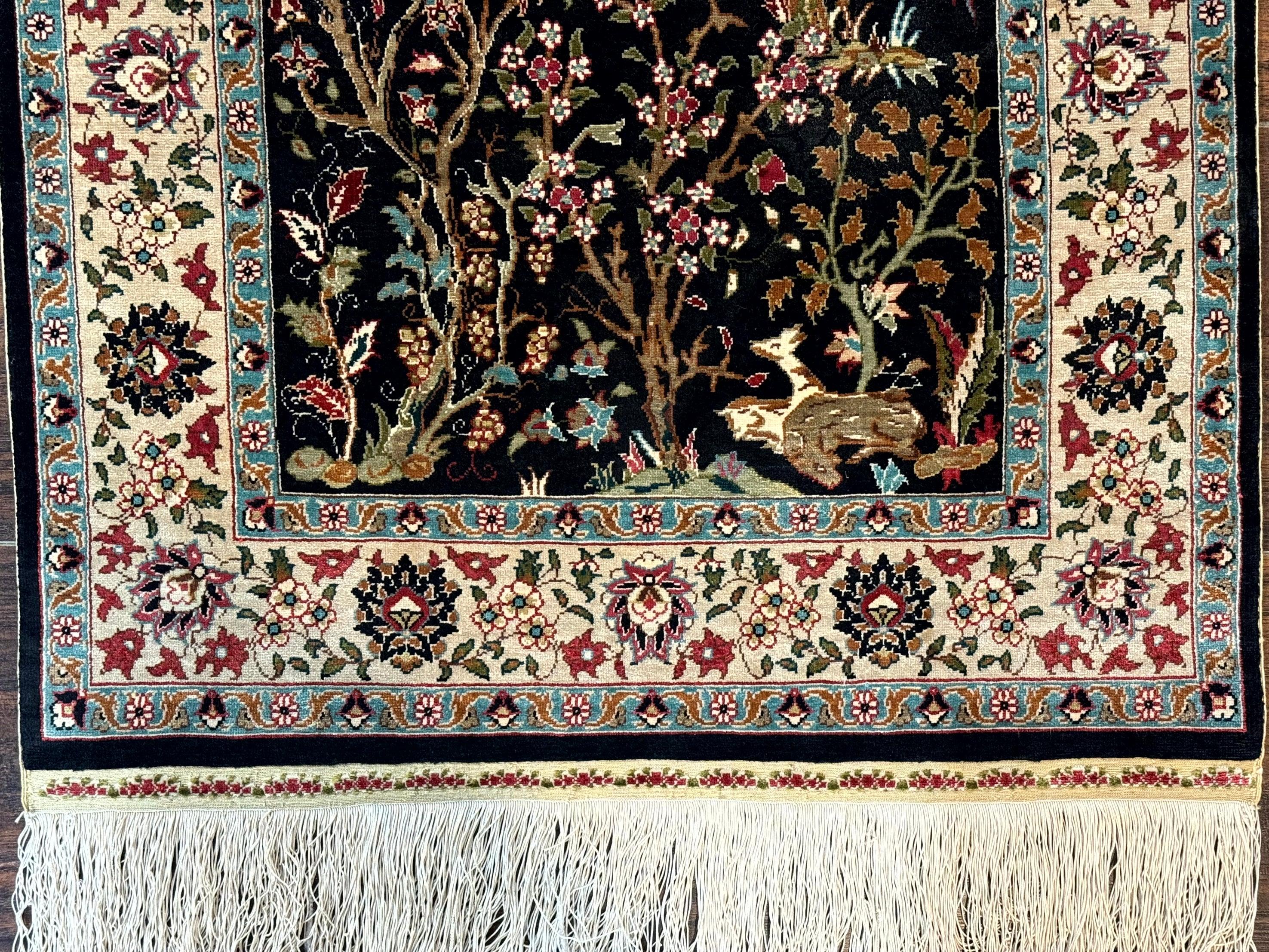 Small Silk Turkish Hereke Rug 2x3, Tree of Life Design, Bird and Animal Pictorials, Very Fine 480 KPSI, Silk on Silk, Signed By Masterweaver - Jewel Rugs