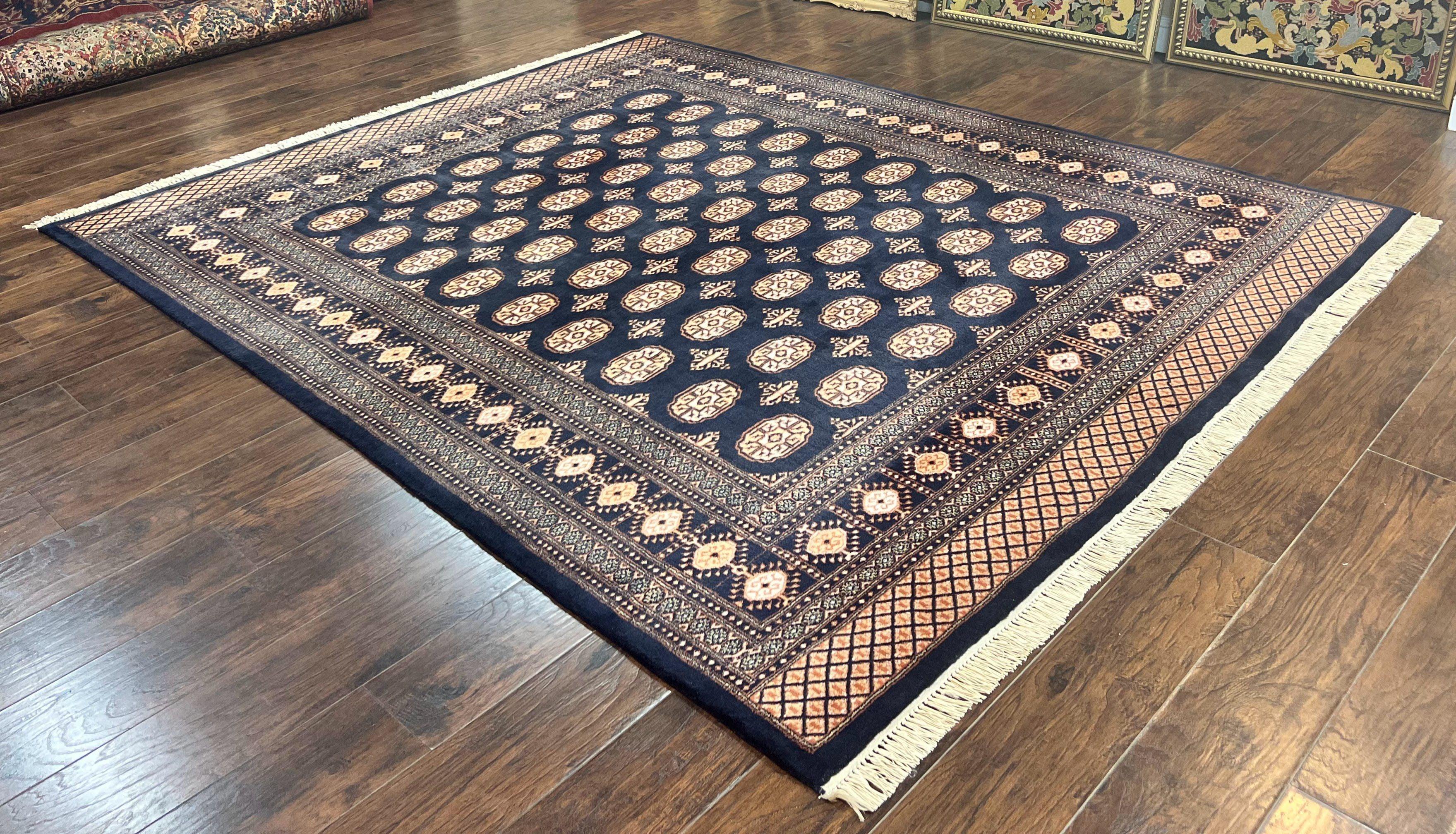 Pakistani Bokhara Rug 8x10, Turkoman Carpet 8 x 10, Dark Blue Ivory Cream Tan, Hand Knotted Vintage Handmade Wool Tribal Rug - Jewel Rugs