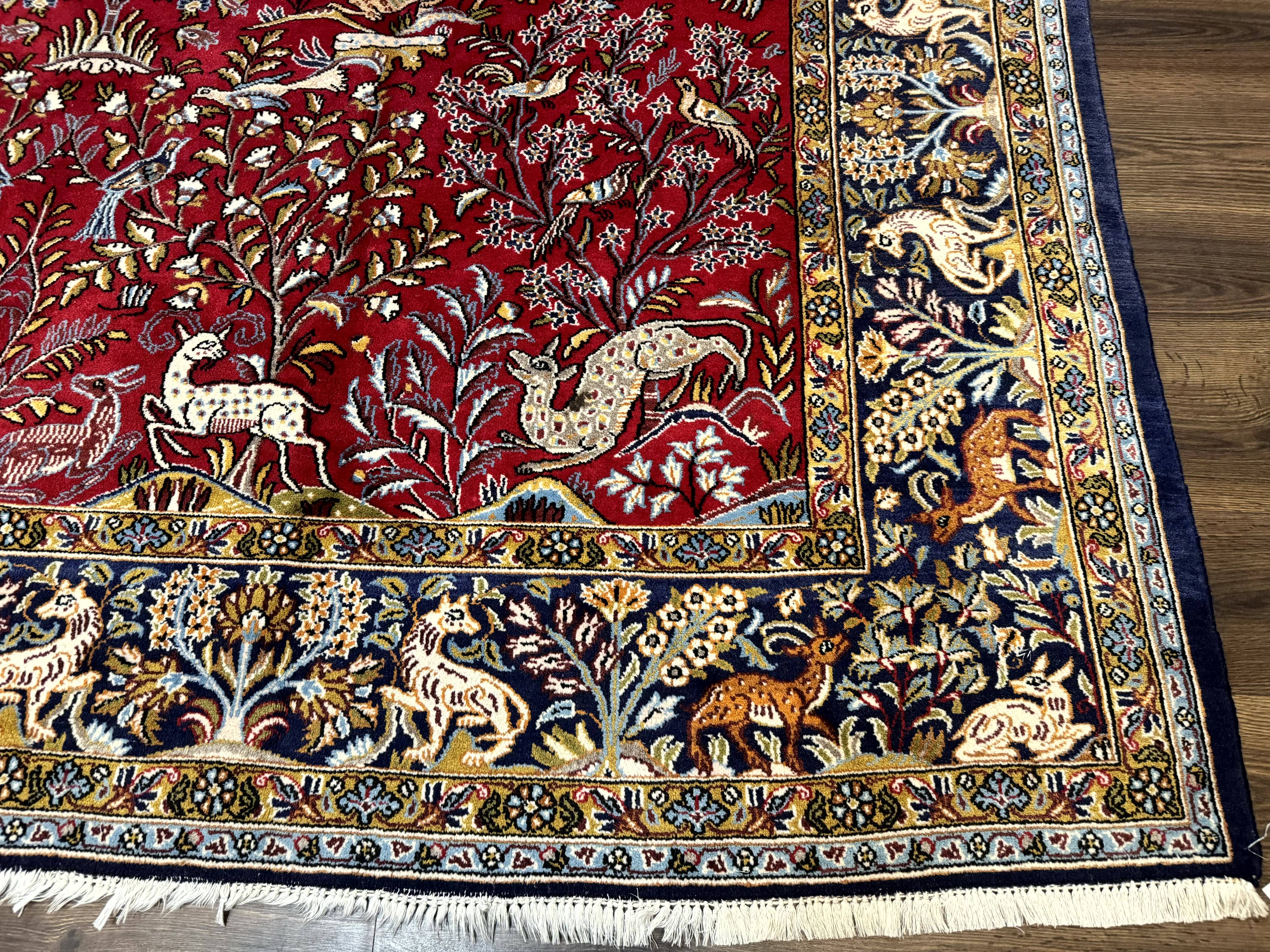 Persian Qum Rug 9x12, Animal Pictorials, Deer Birds, Tree of Life, Red and Navy Blue - Jewel Rugs
