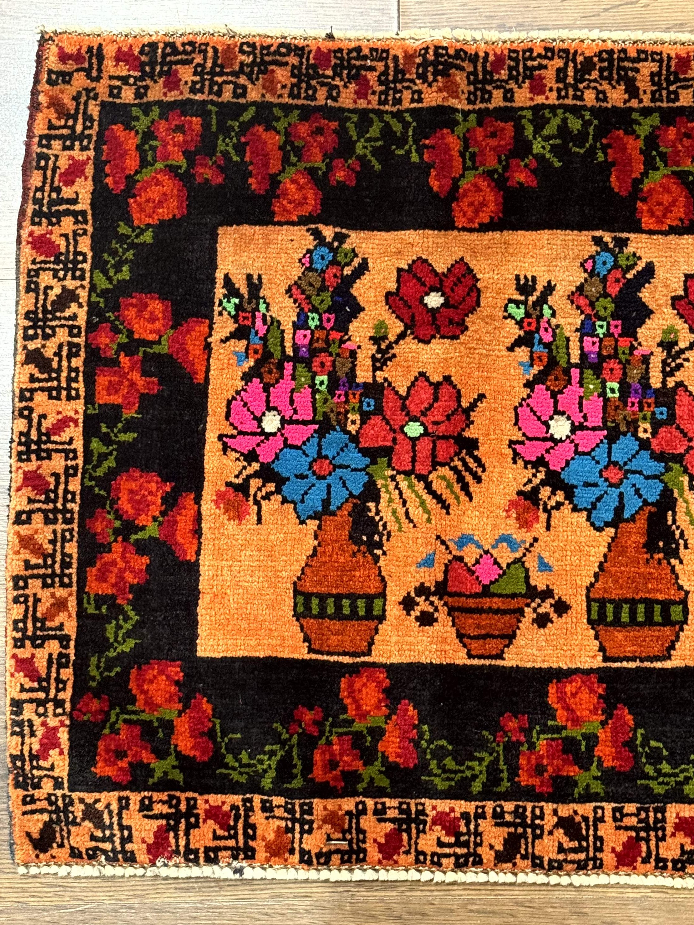 Small Persian Balouchi Rug 2x2, Floral Vases, Tribal Rug - Jewel Rugs