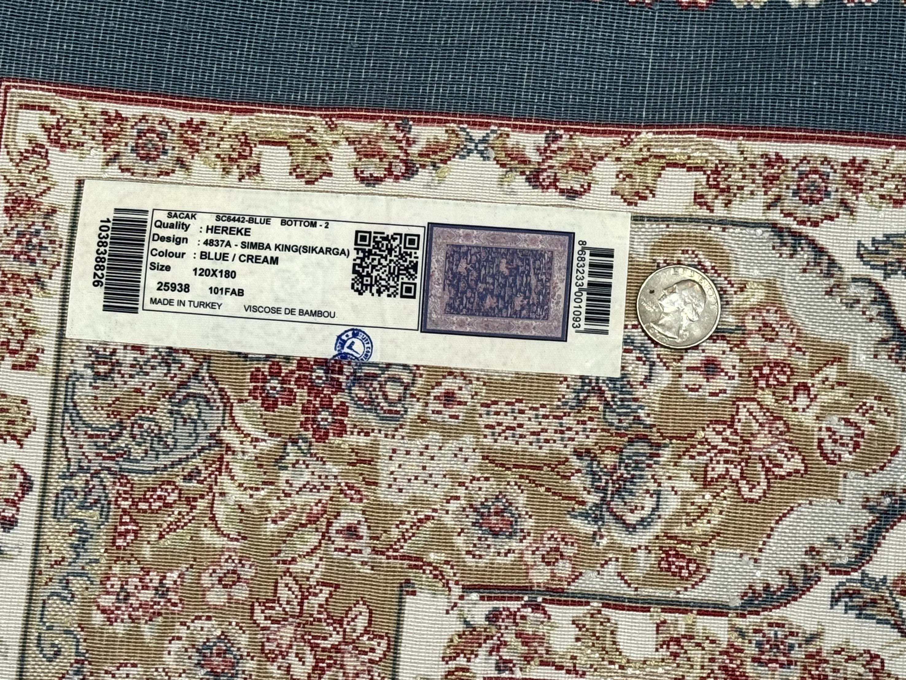 Turkish Silk Hunting Design Rug 4x6, Dark Steel Blue & Ivory, Bamboo Silk, New - Jewel Rugs