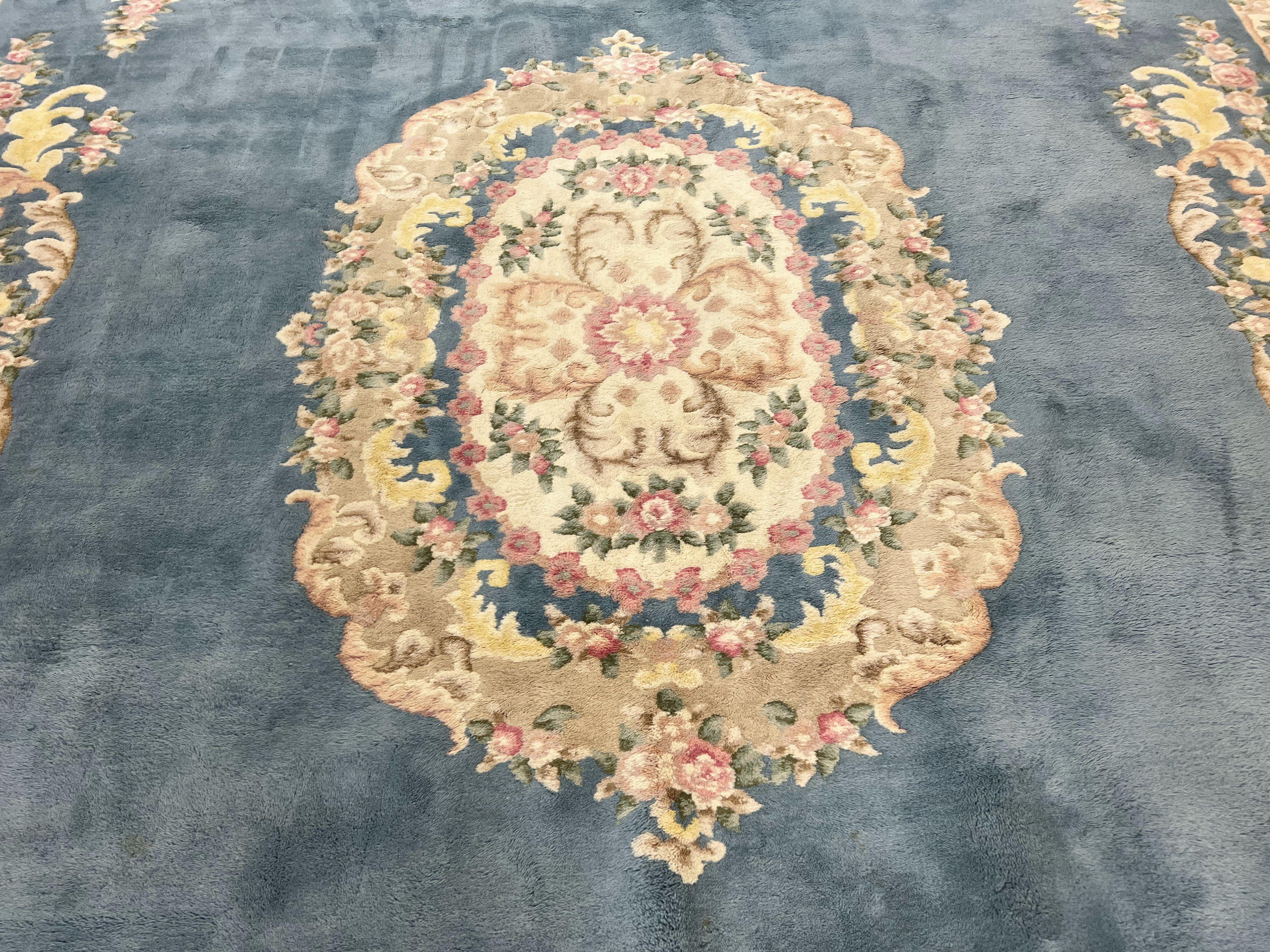 Indo Chinese Rug 9x14, Wool Hand Knotted Vintage Carpet, Light Blue Cream Beige, Aubusson European Design Rug 9 x 14 - Jewel Rugs