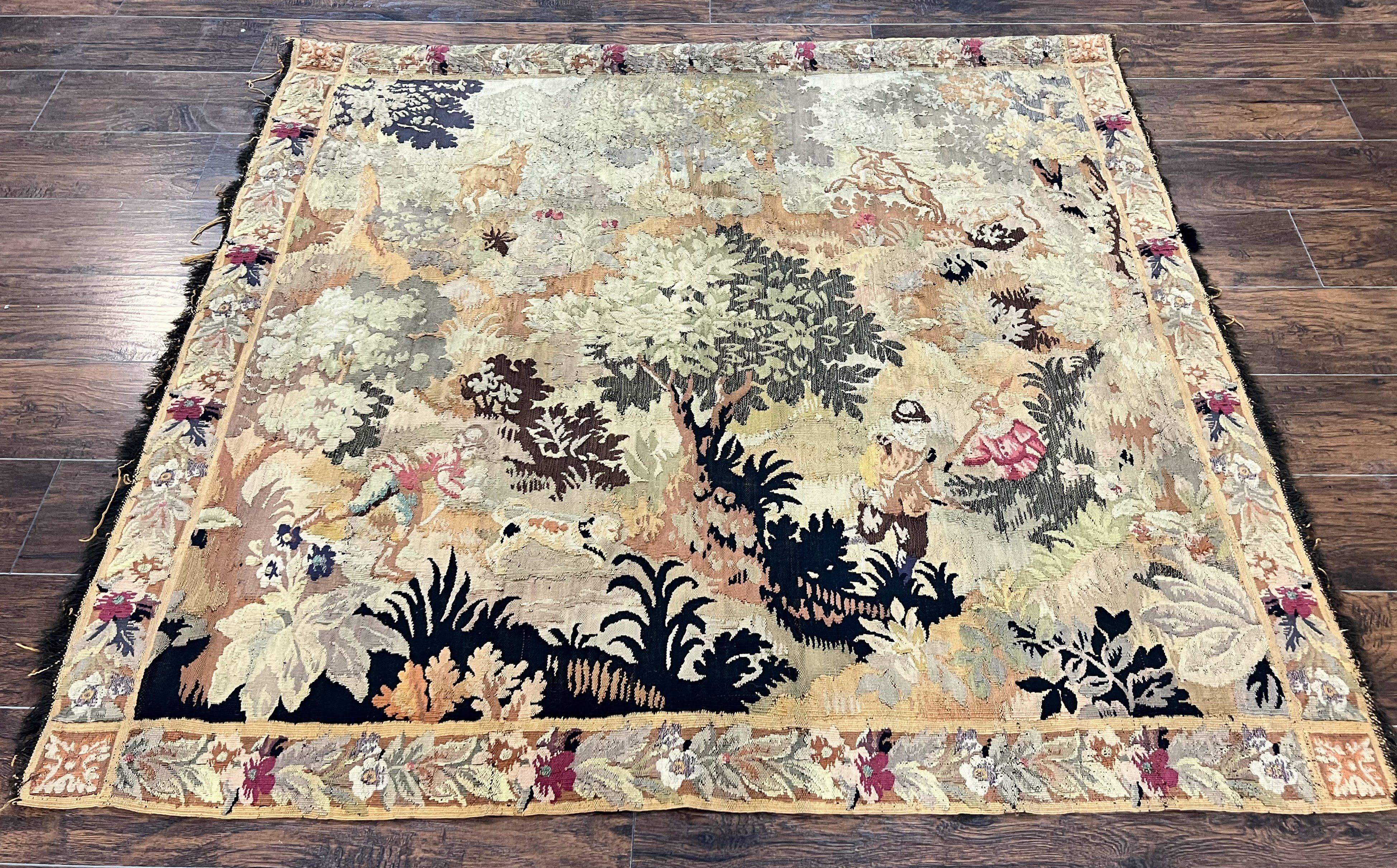 Antique French Tapestry 6x5 ft, European Handmade Wool Aubusson Weave Vintage Tapestry - Jewel Rugs