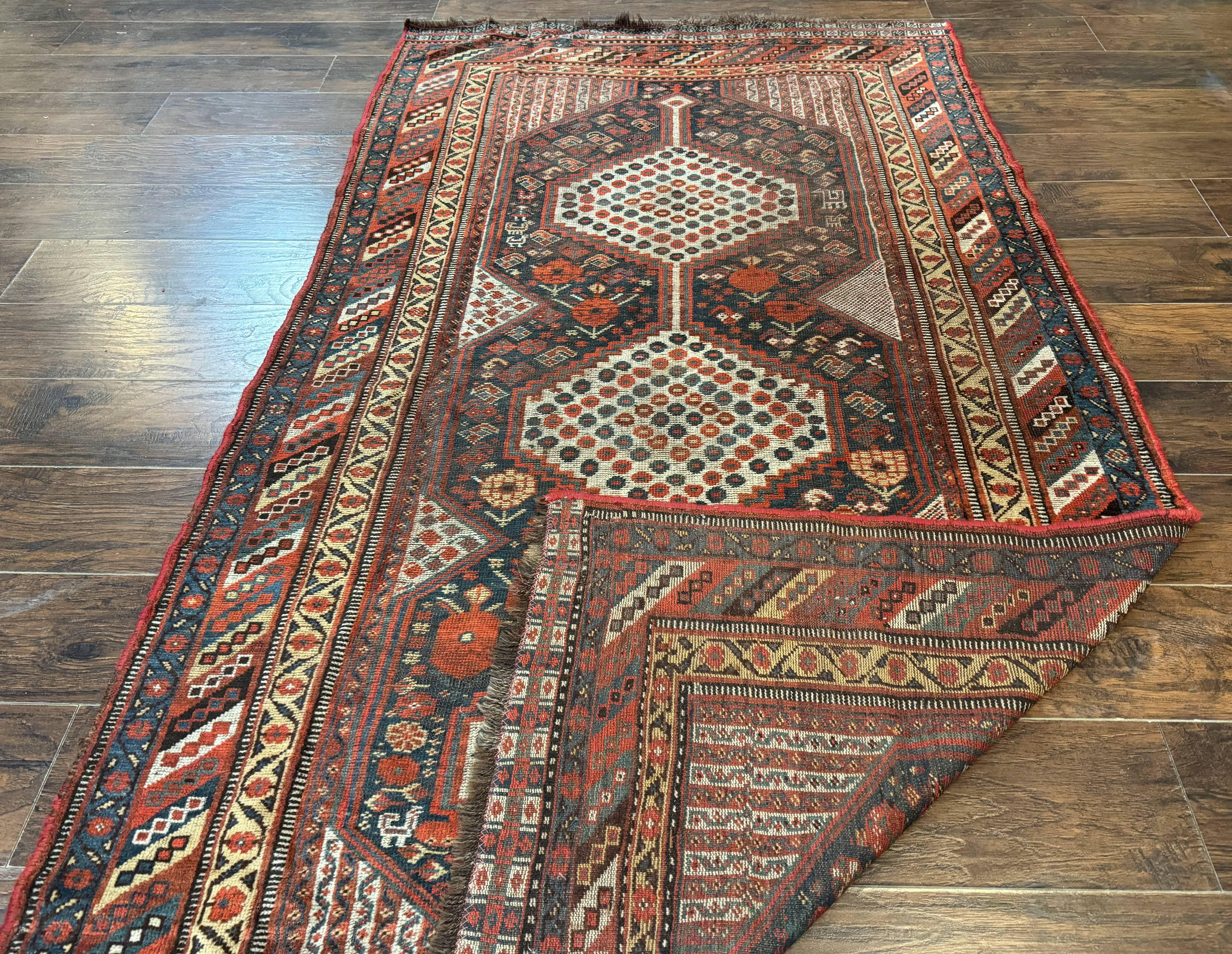 Antique Persian Shiraz Rug 5x8, Khamseh Tribal Wool 1920s Carpet, Navy Blue - Jewel Rugs