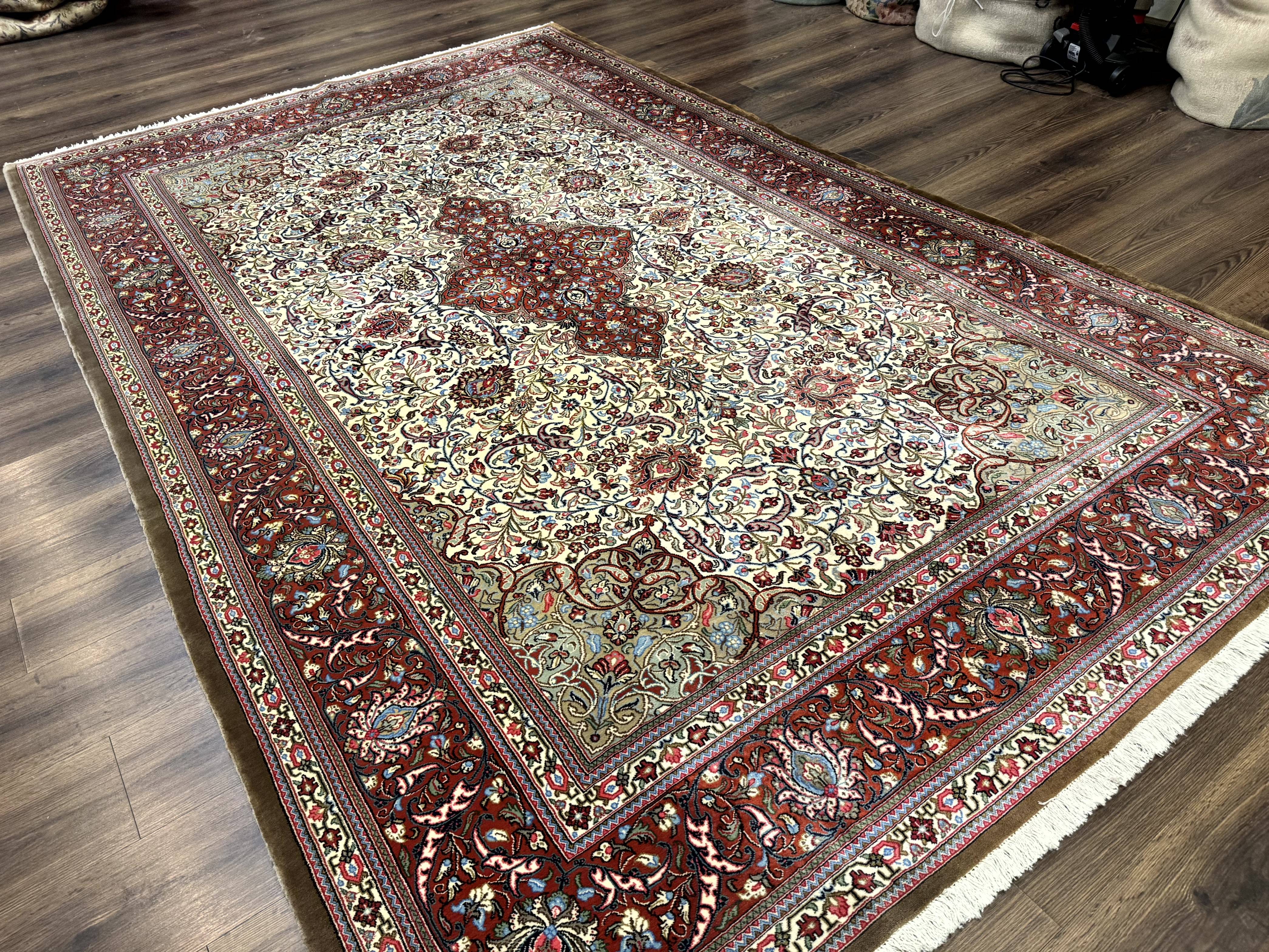 Persian Qum Rug 7x11, Beige and Red, Highly Detailed Floral Pattern, Fine 260 KPSI - Jewel Rugs