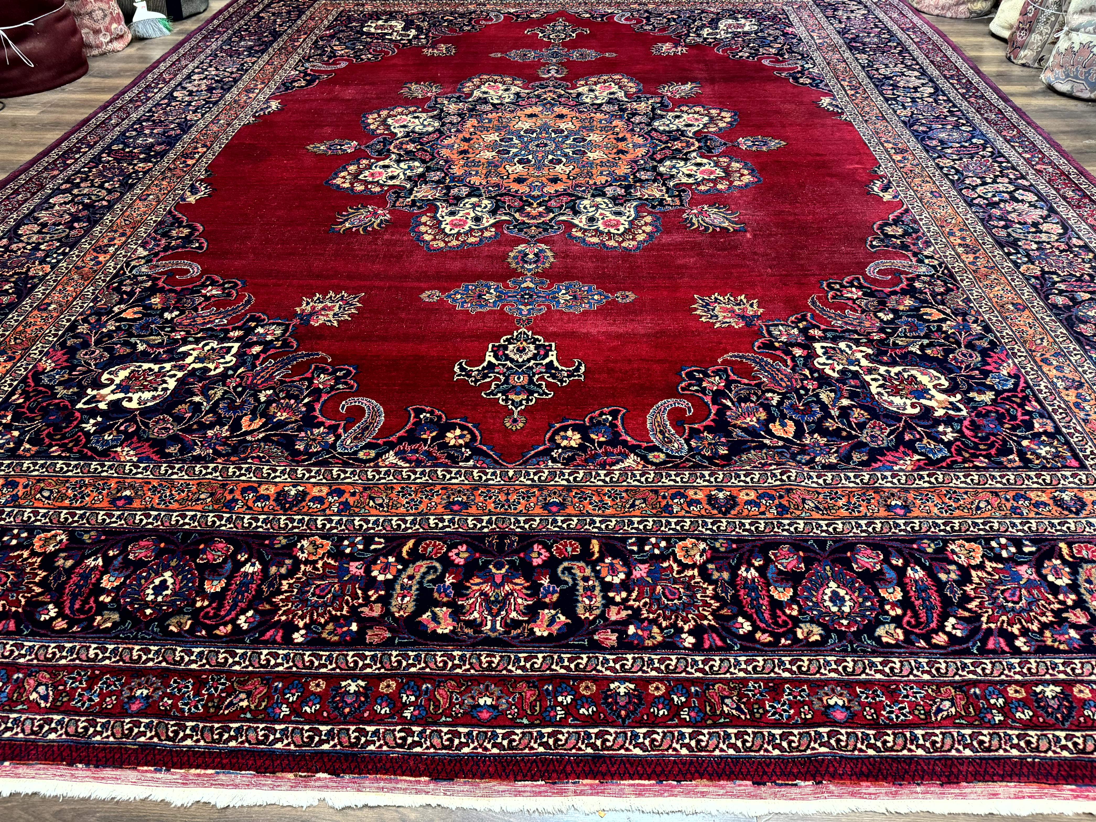 Antique Persian Mashad Rug 12x15, Palace Size Carpet, Wool Hand Knotted, Red and Navy Blue, Floral Medallion - Jewel Rugs