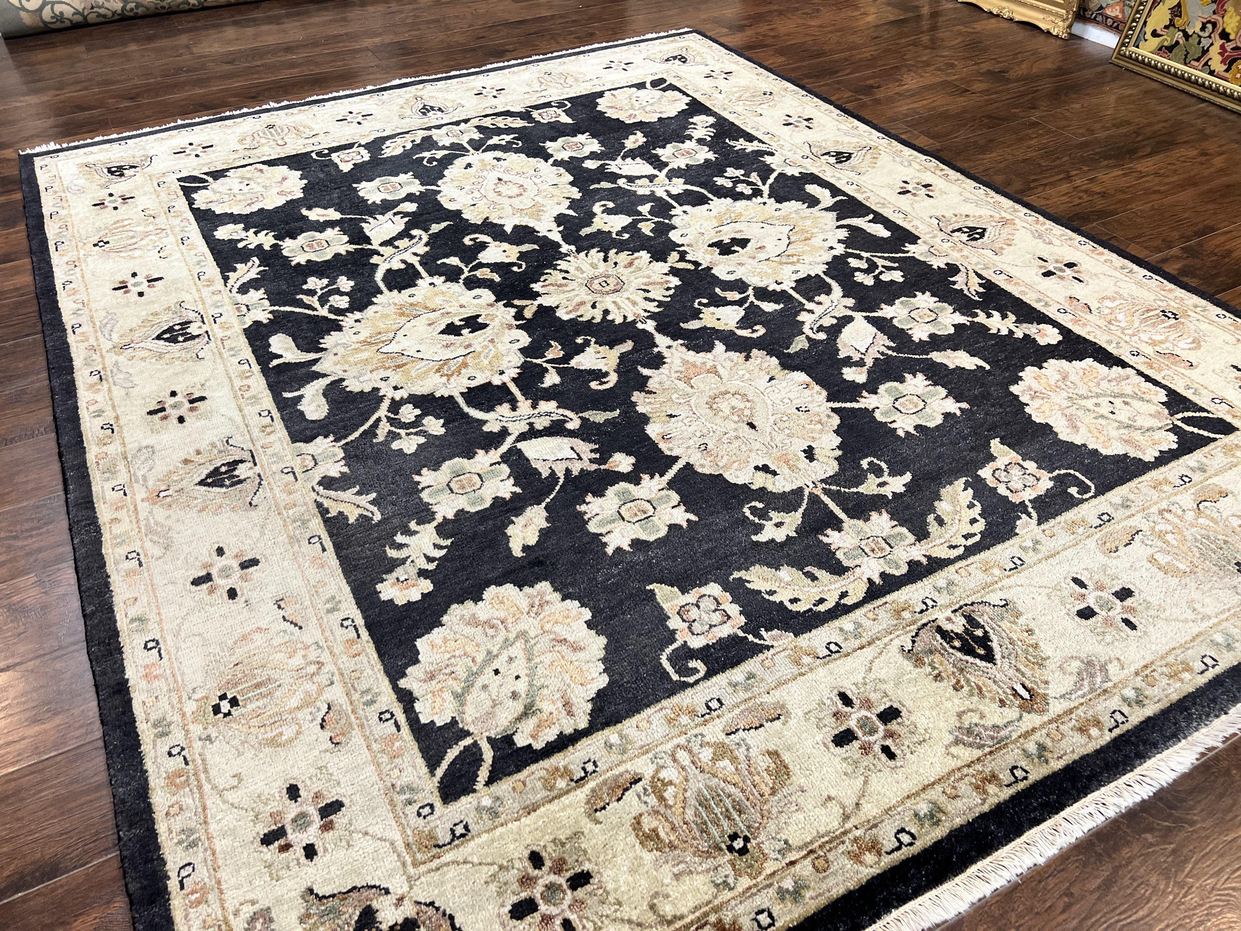 Indo Mahal Rug 8x10, Black and Beige, Vintage Rug 8 x 10 ft, Floral, Handmade Wool Carpet - Jewel Rugs
