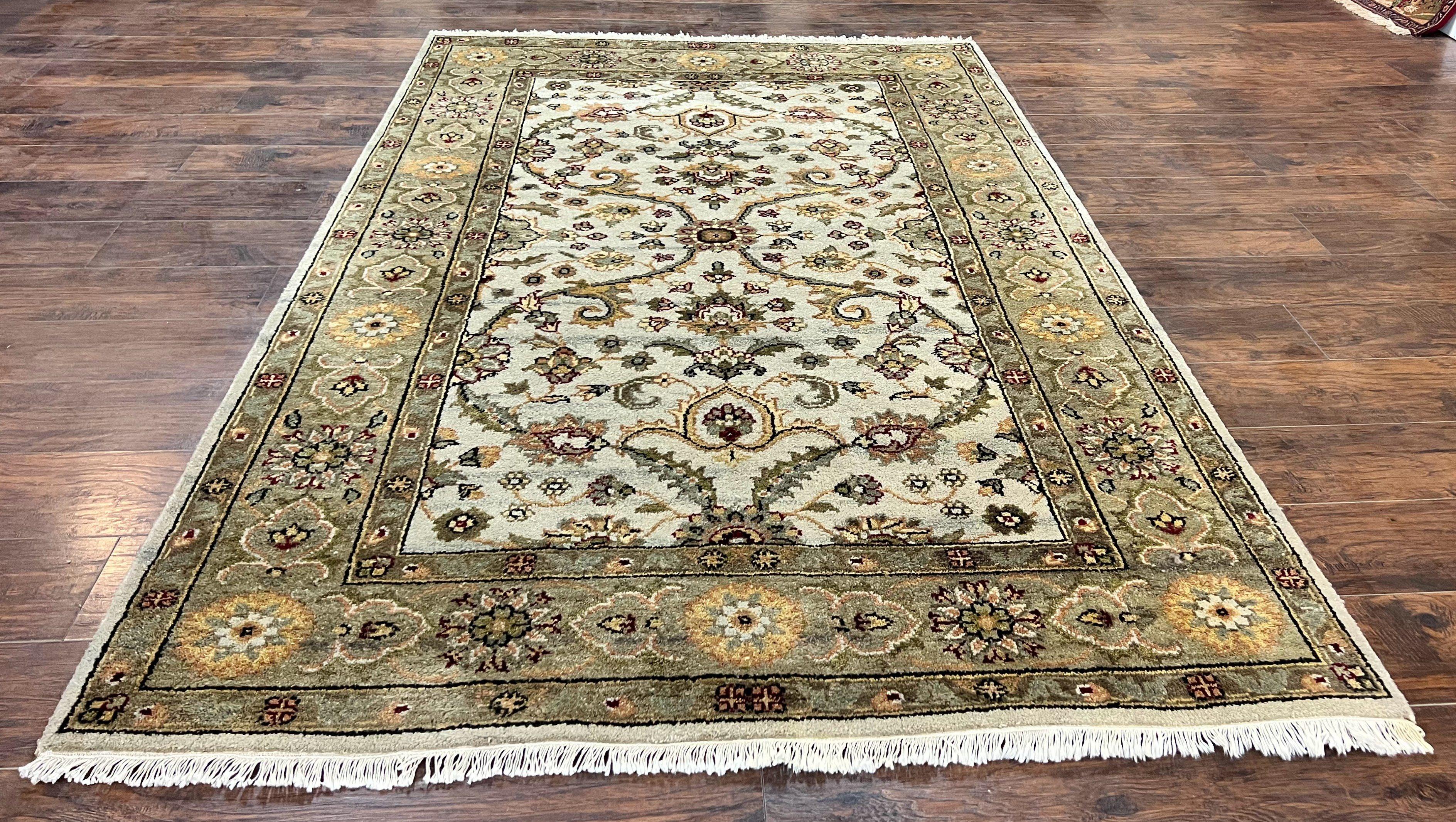 Indo Persian Rug 5.6 x 8, Wool Hand Knotted Vintage Carpet, Beige Indian Mahal Traditional Oriental Rug, Allover Floral, Tea Wash Rug - Jewel Rugs