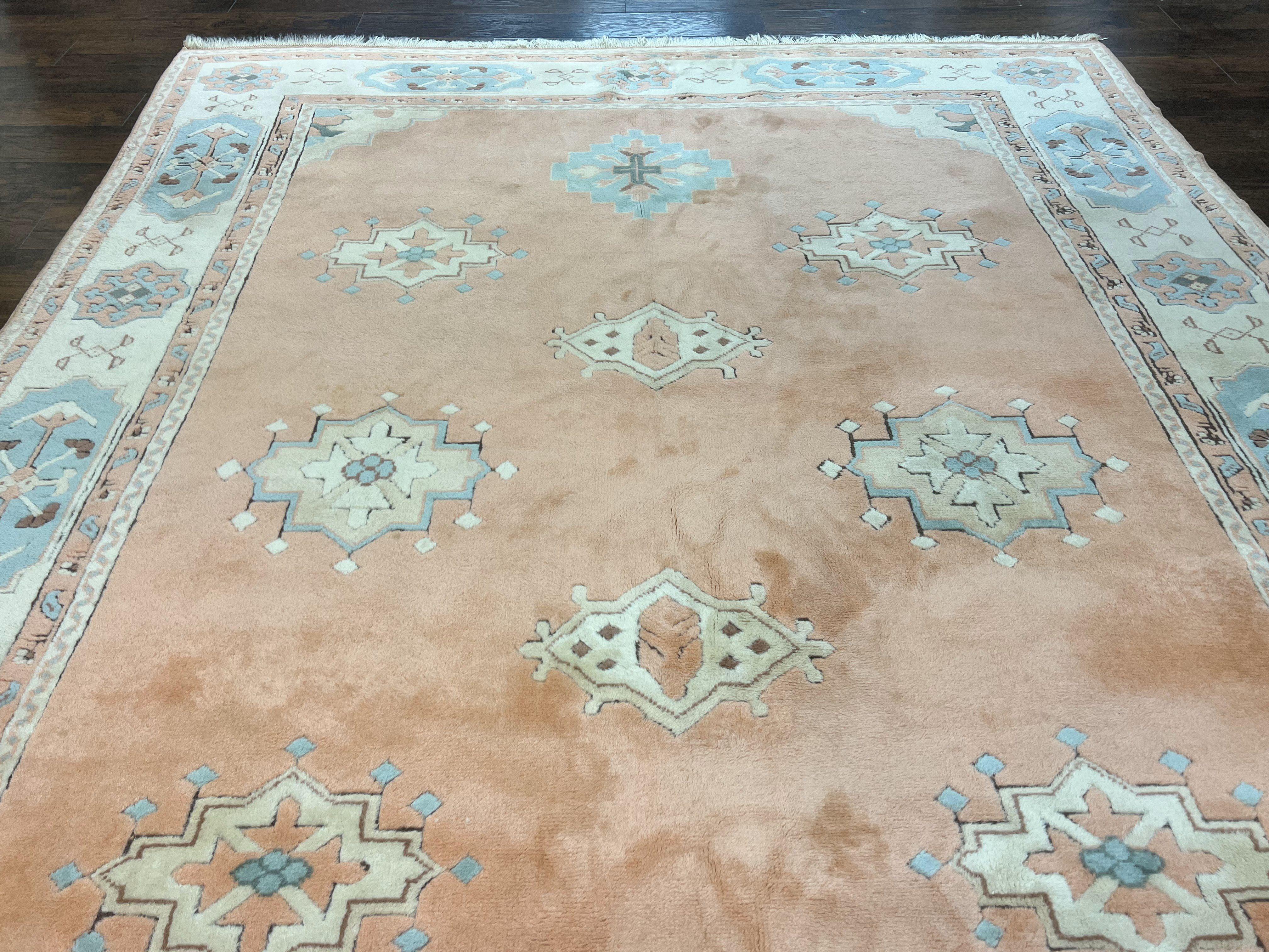 Turkish Oushak Rug 9x12, Wool Hand Knotted Vintage Carpet, Peach Cream Light Blue Room Sized Oriental Rug - Jewel Rugs