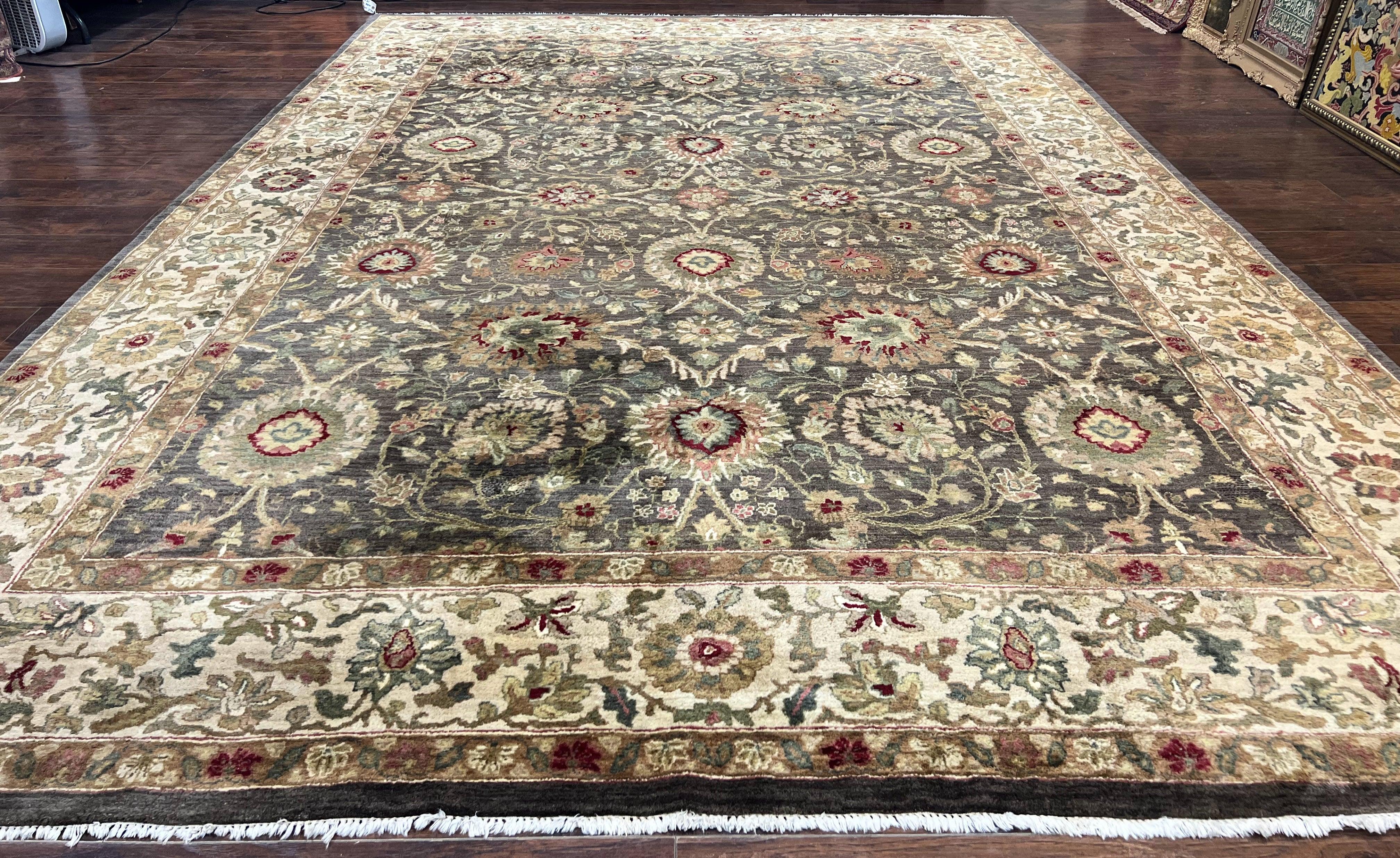 Indo Persian Rug 10x14, Indian Mahal Carpet, Large Wool Hand Knotted Carpet, Traditional Rug, Floral Allover, Dark Brown - Jewel Rugs