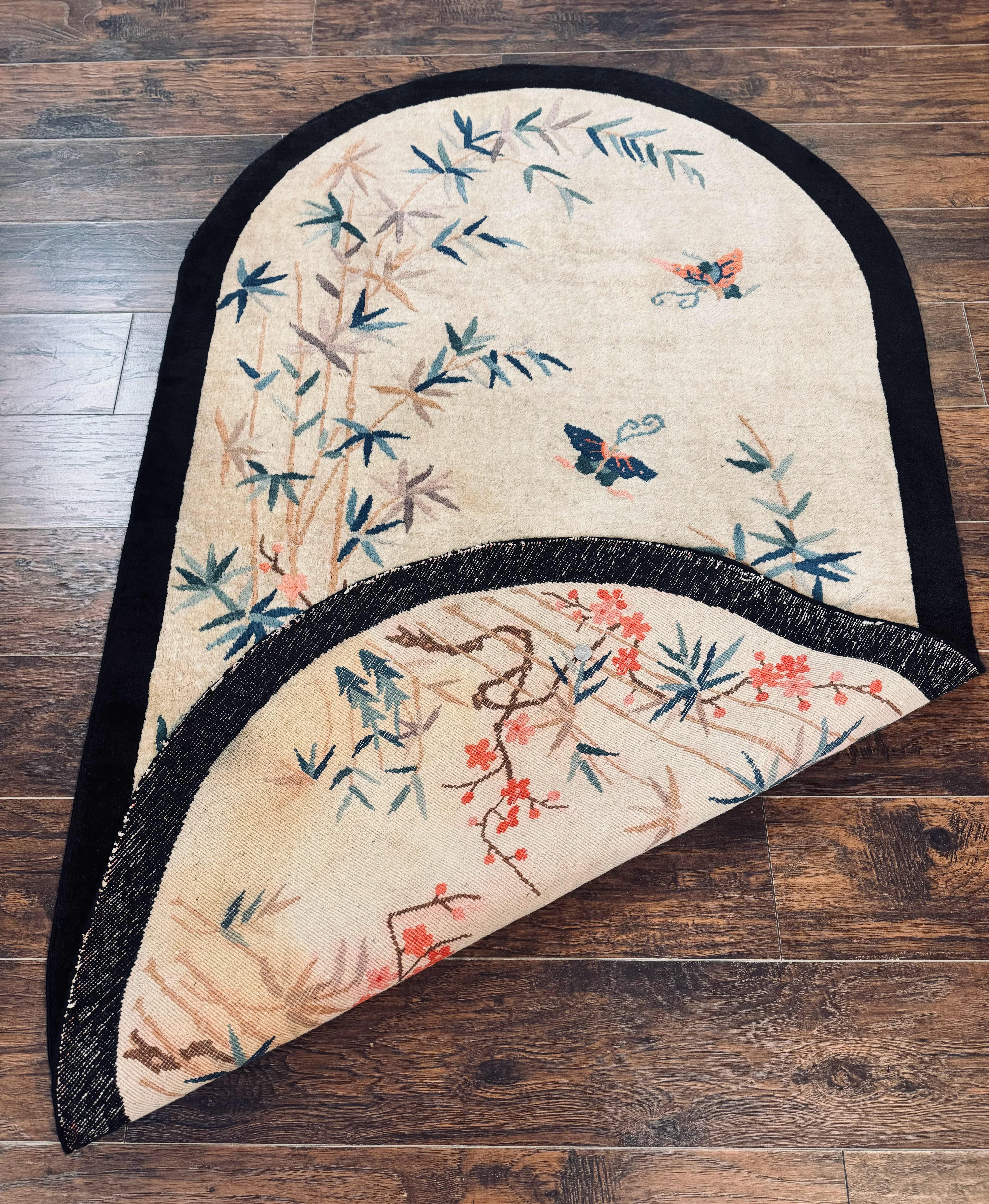 Antique Chinese Oval Rug 3.9 x 6.7, Floral, Butterflies, Chinese Wool Art Deco Peking Carpet, Beige, Handmade - Jewel Rugs