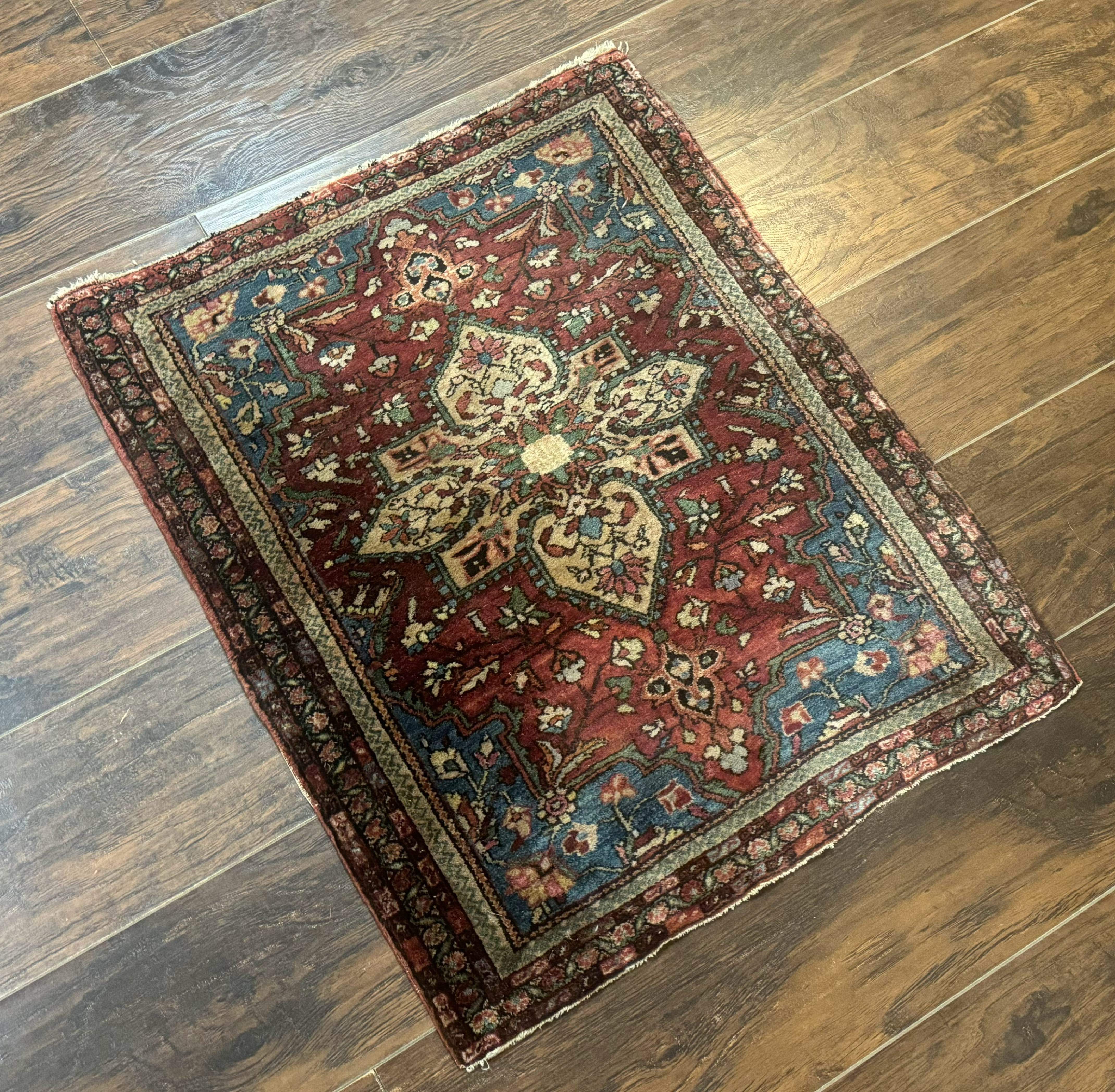 Sarouk Farahan Rug 2x3 - Rust Red and Light Blue, Handmade Wool Persian Small Scatter Rug, Antique, 225 KPSI - Jewel Rugs