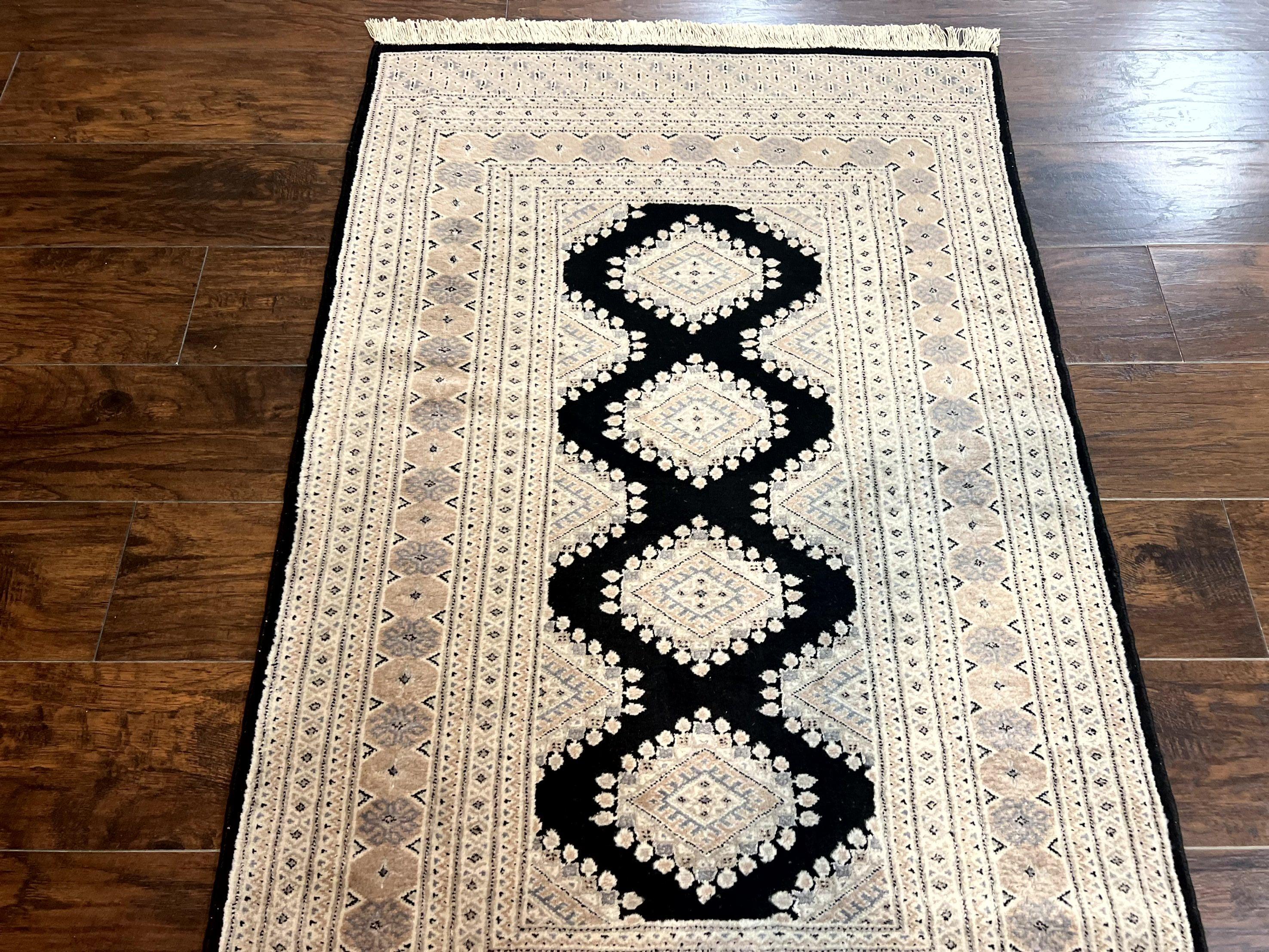 Pakistani Bokhara Rug 3x5, Vintage Turkoman Carpet, Black Gray, Handmade Wool Rug, Tribal - Jewel Rugs