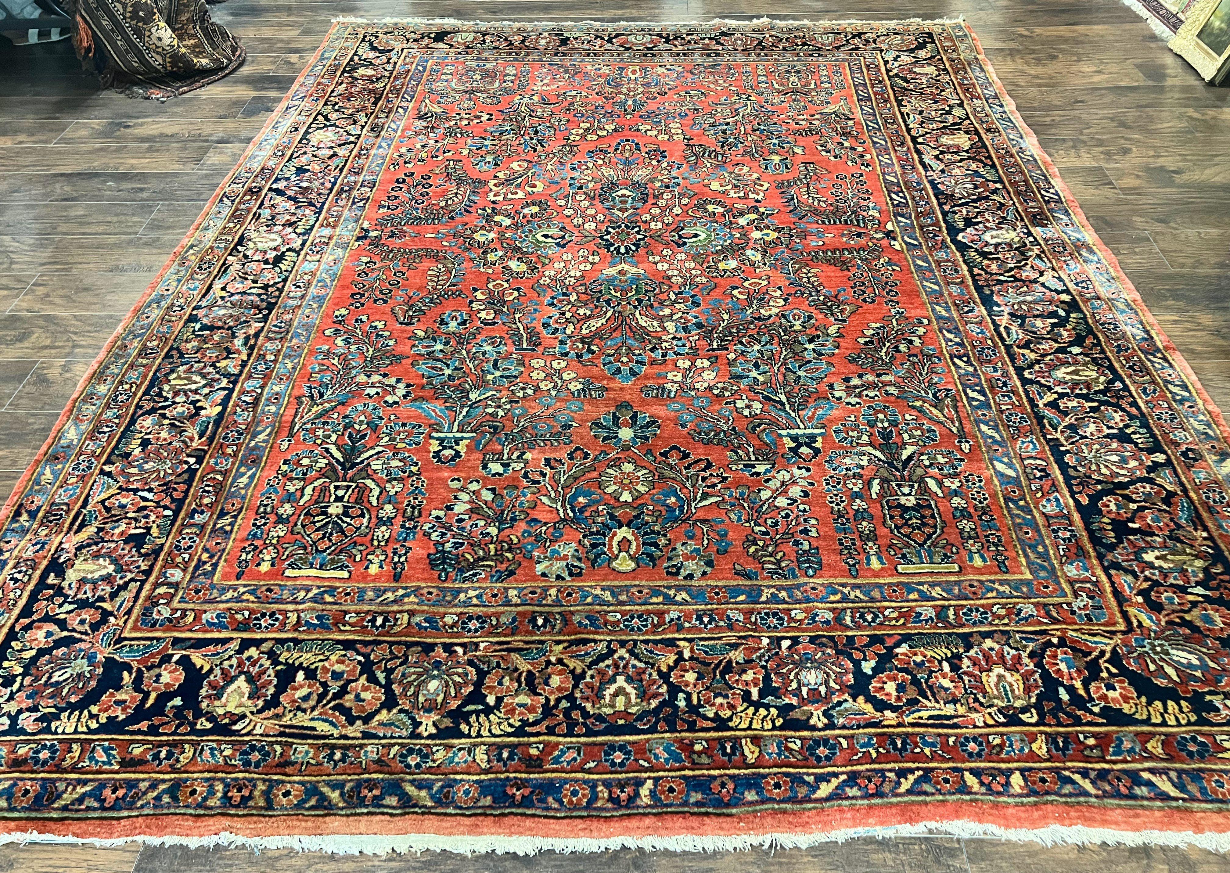 Antique Persian Sarouk Rug 9x11, Red Floral Allover, Rare 1920s Wool Carpet - Jewel Rugs