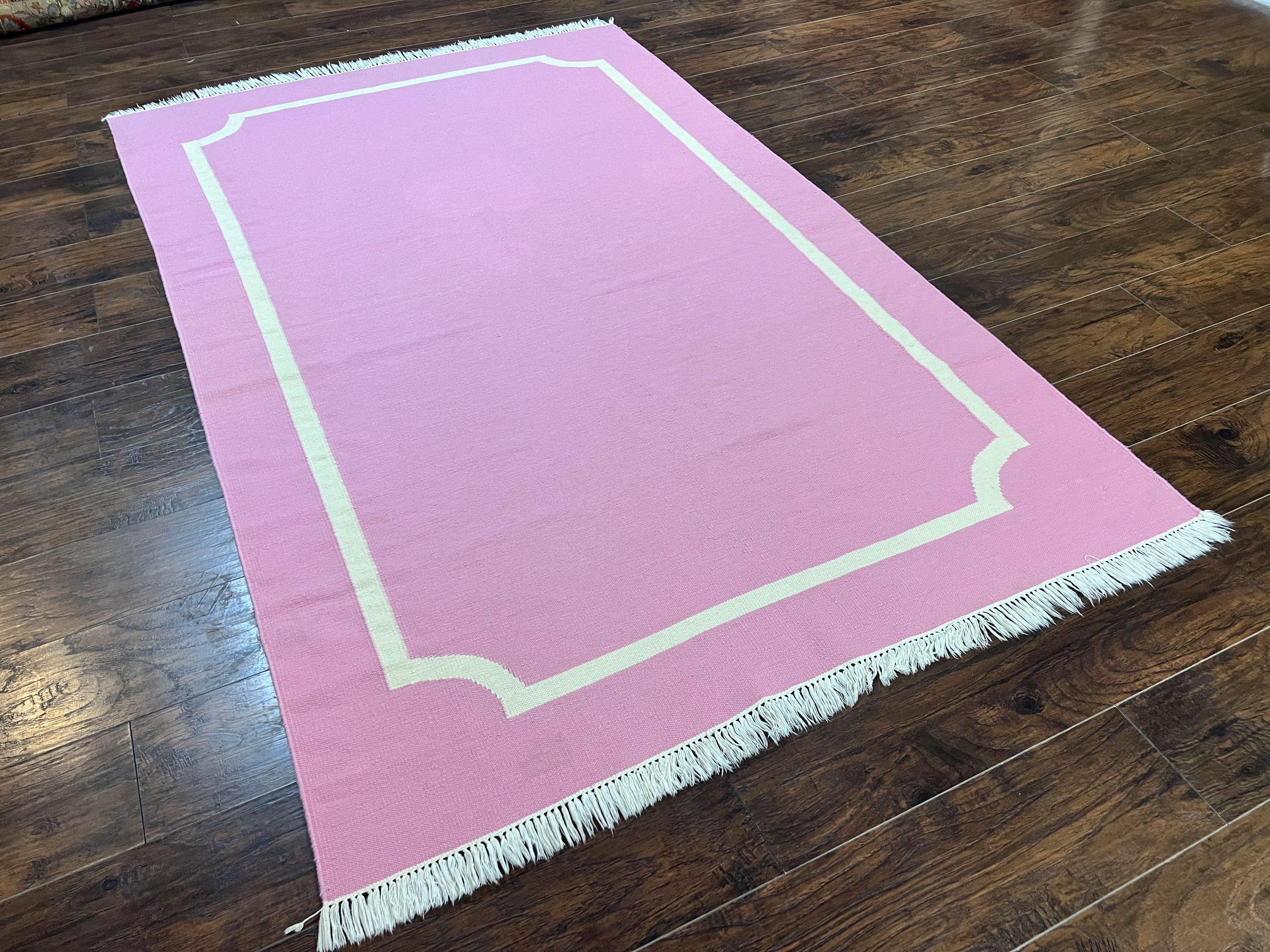 Indian Dhurrie Rug 5x8, Wool Handmade Contemporary Carpet, Pink Flatweave Kilim Area Rug, Medium Sized Rug 5 x 8 ft - Jewel Rugs