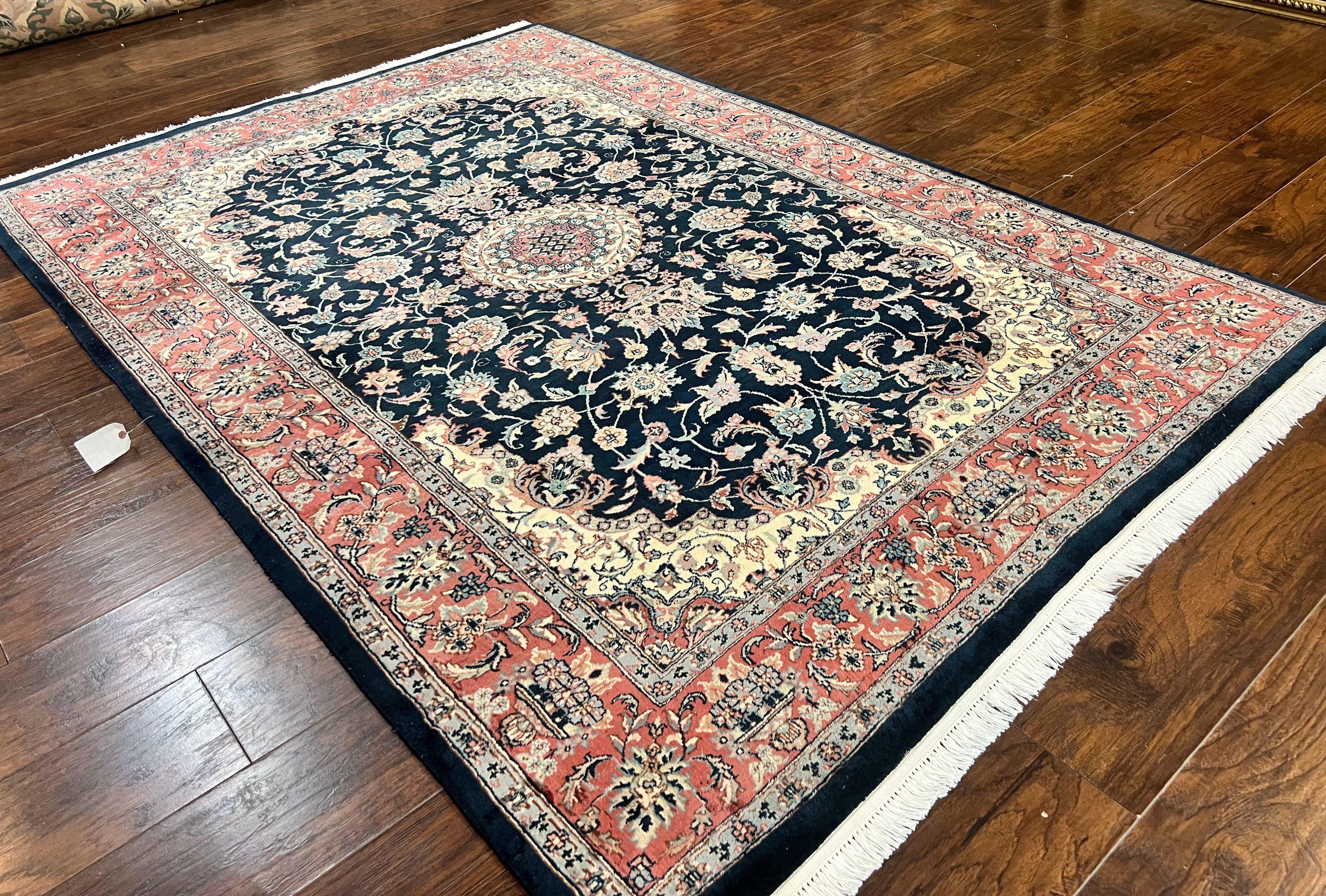 Pak Persian Rug, Floral Medallion, Dark Blue & Rose, Traditional Oriental Carpet, Handmade Wool Vintage Medium Size Rug - Jewel Rugs