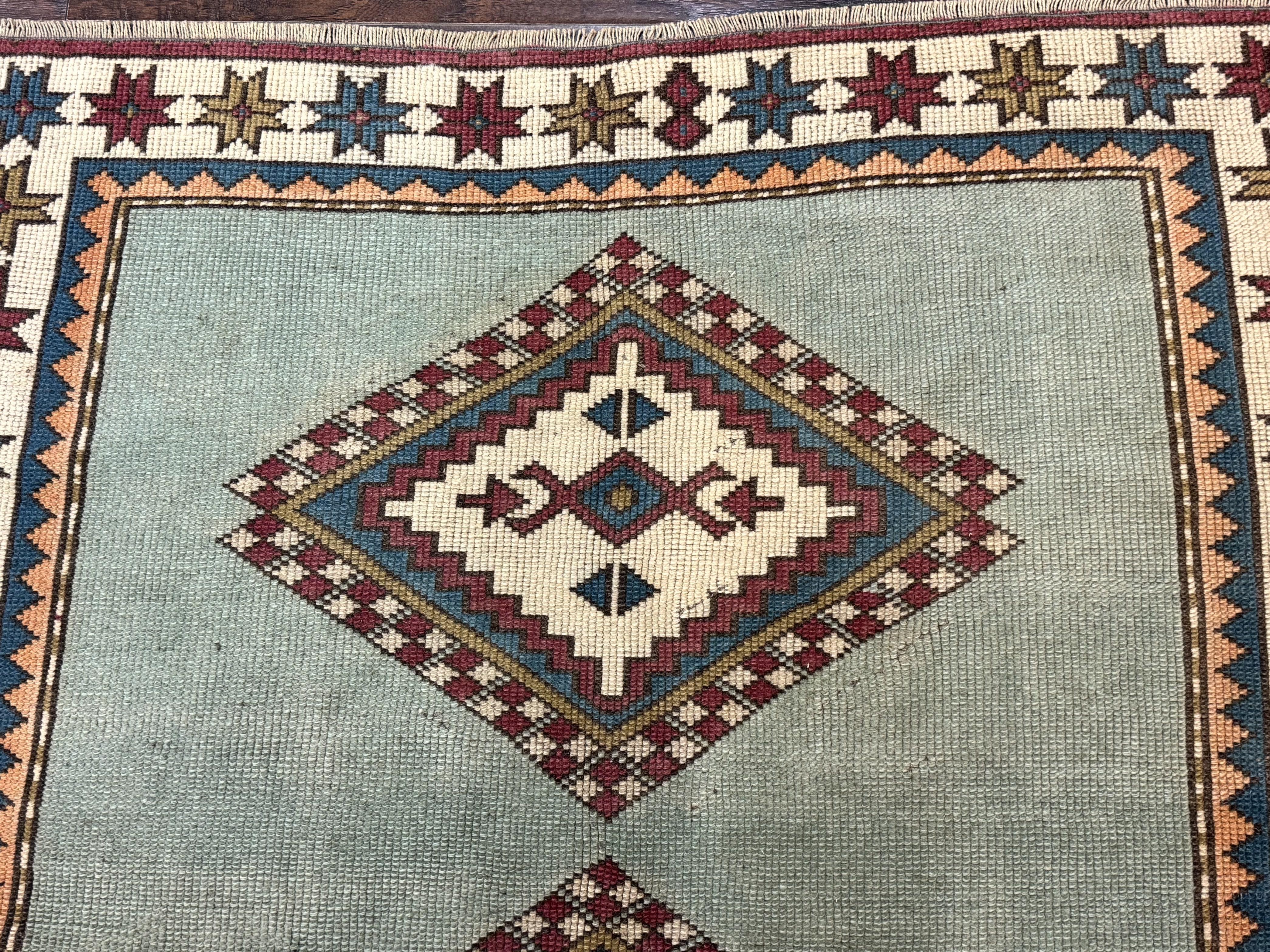 Turkish Kazak Rug 4x6, Geometric Medallion, Caucasian Design Rug, Semi Antique Vintage, Mint Green Maroon Ivory - Jewel Rugs