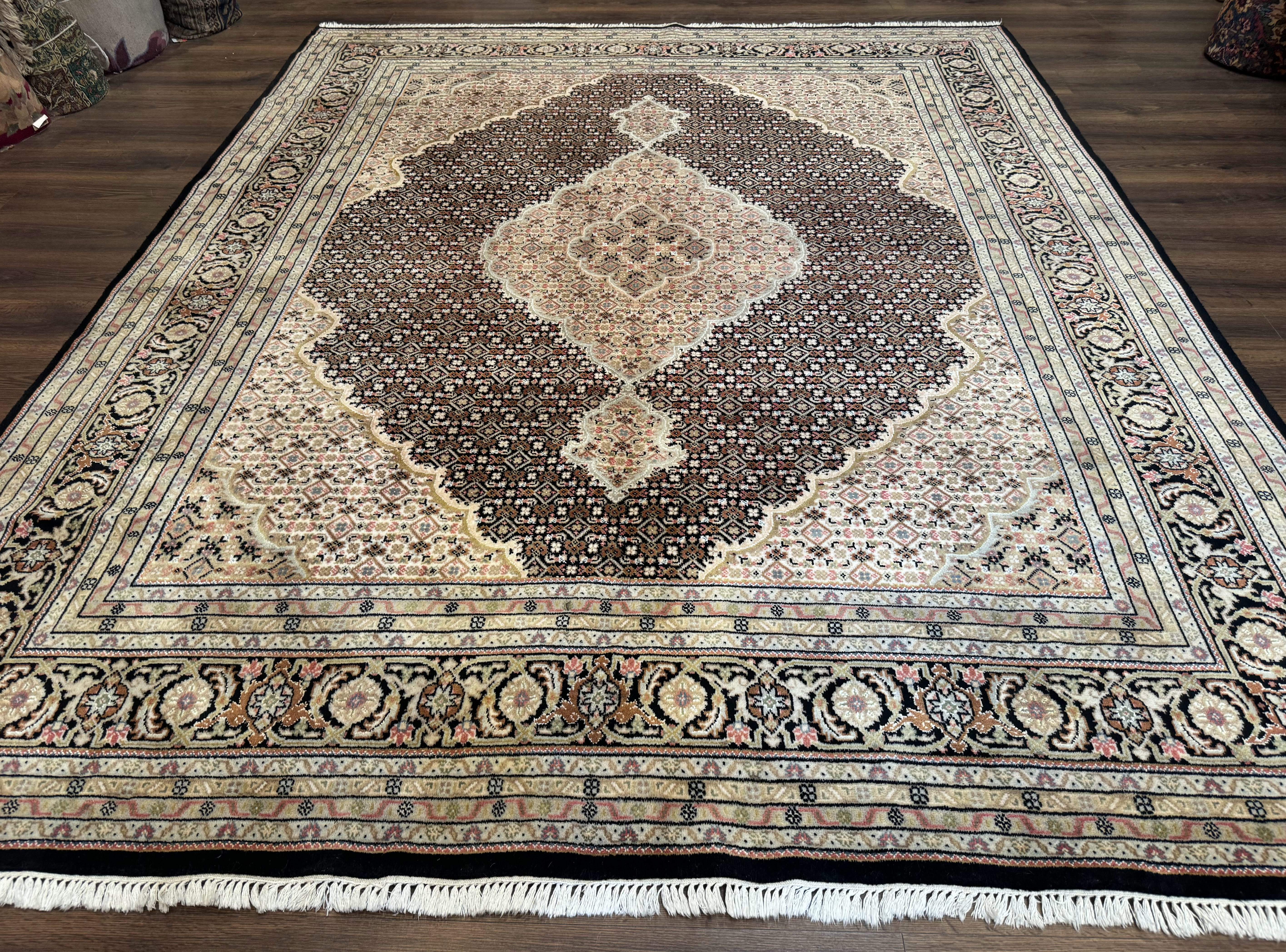 Indo Persian Rug 8x10, Herati Mahi Pattern, Black and Beige Oriental Carpet - Jewel Rugs