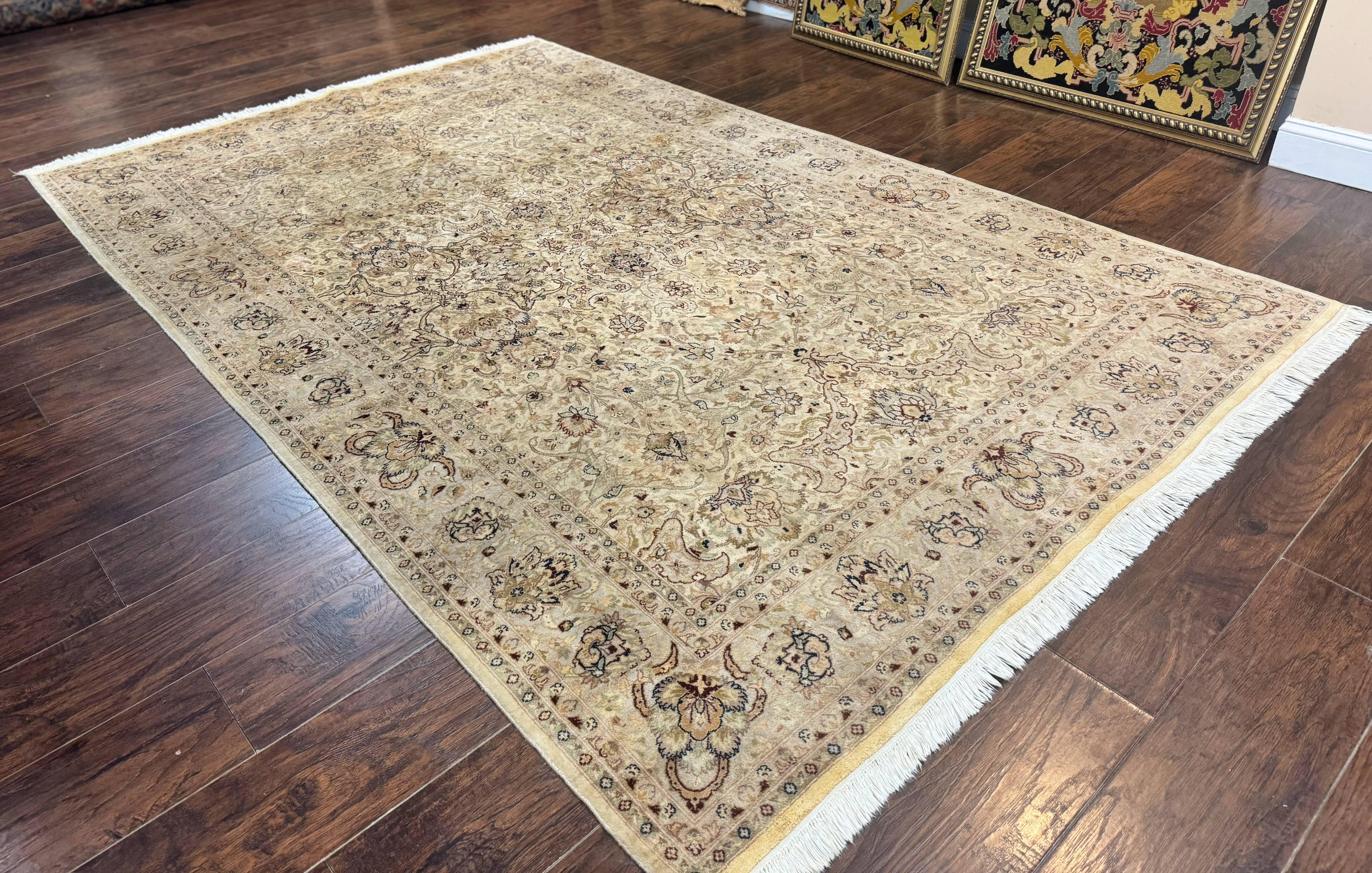 Pak Persian Rug 6x9, Vintage Handmade Wool Carpet, Floral, Beige - Jewel Rugs
