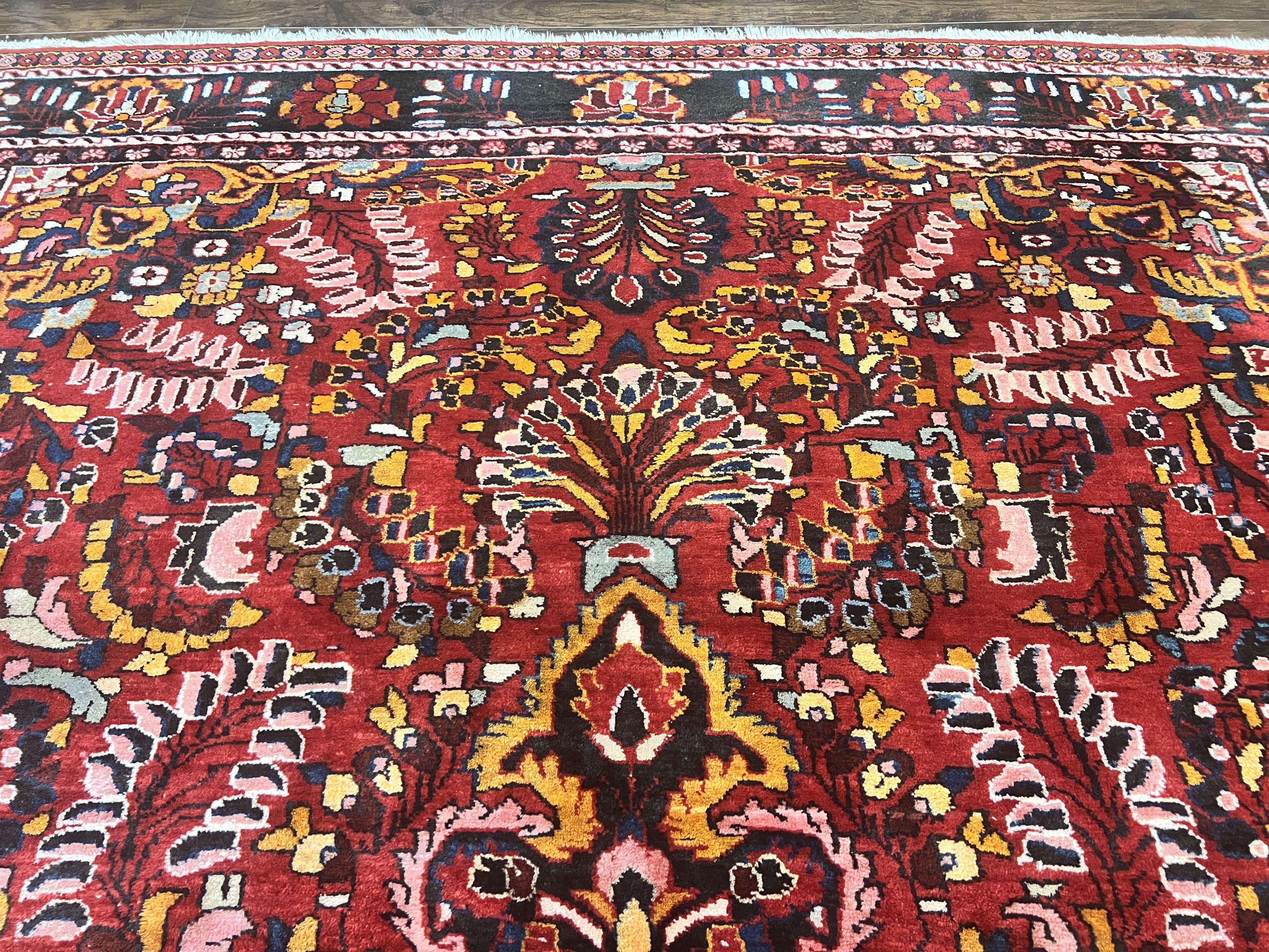 Antique Persian Lilian Rug 9x13, Wool Hand Knotted Red Persian Hamadan Carpet, Floral Medallion, Room Sized Authentic Oriental Rug - Jewel Rugs