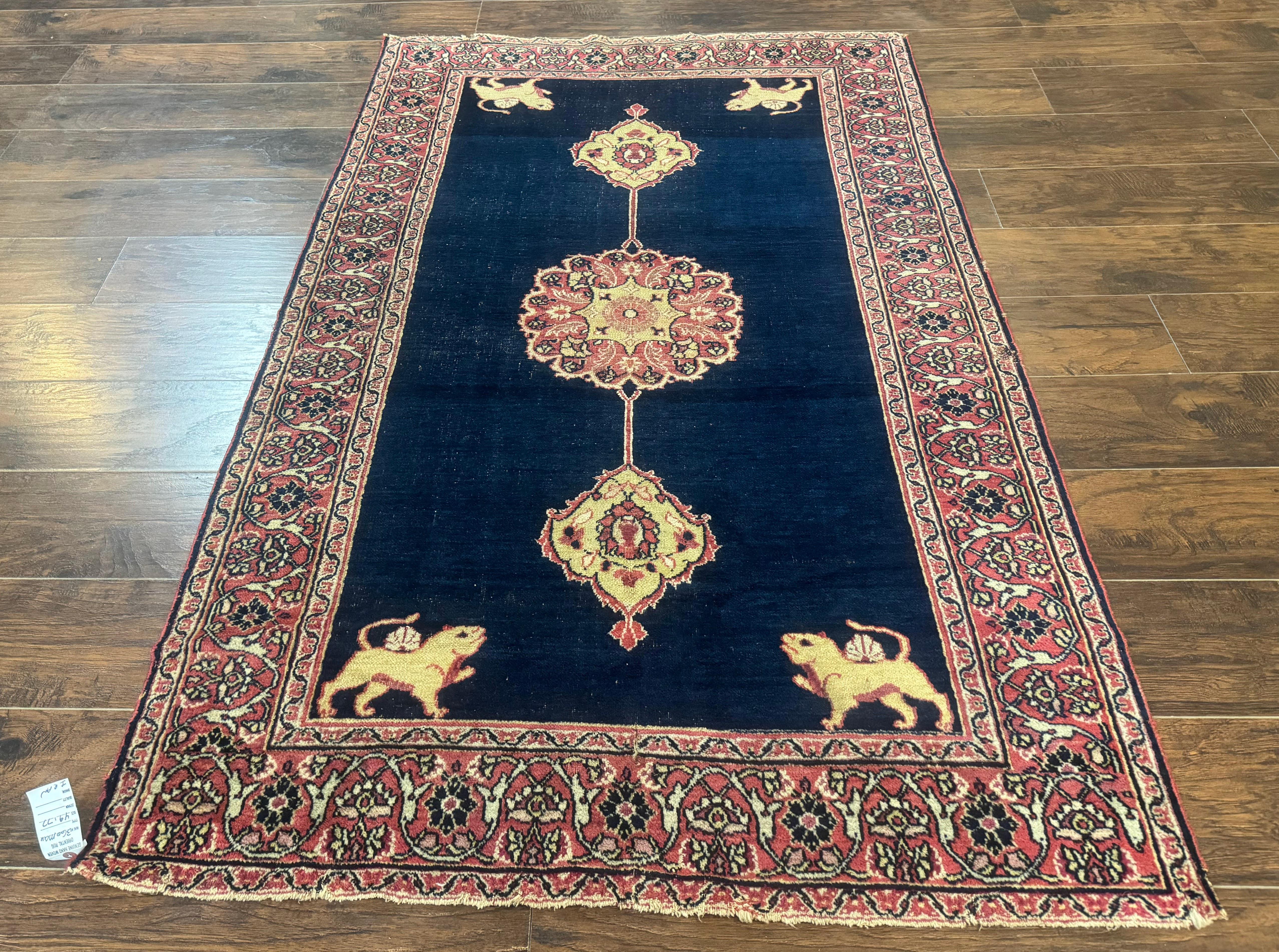 Antique Persian Mashad Rug 4x6, Semi Open Field, Navy Blue, Lion Pictorials, Triple Medallion, Dorokhsh Rug - Jewel Rugs
