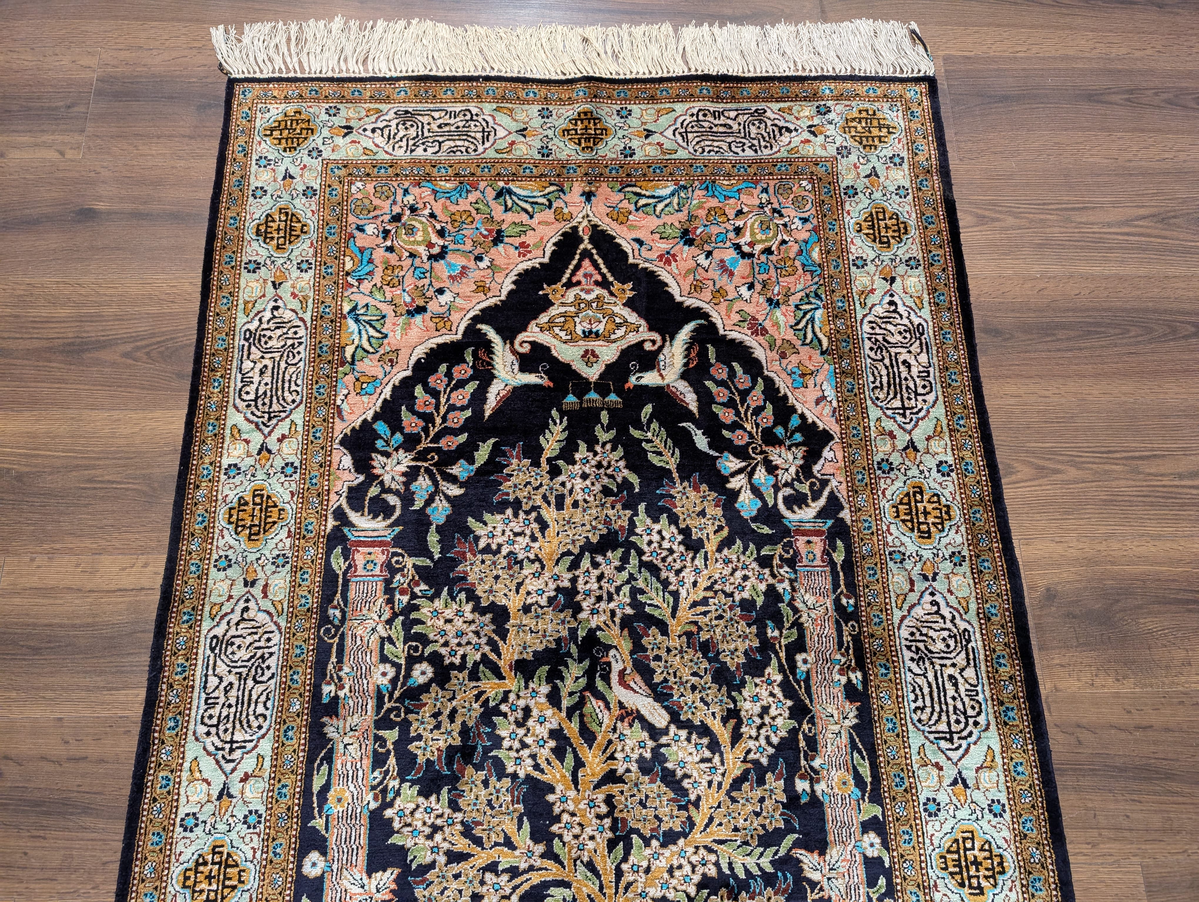 Wonderful Silk Persian Rug 4x5, Tree of Life Carpet, Qum Rug, Prayer Rug, Bird Pictorials - Jewel Rugs