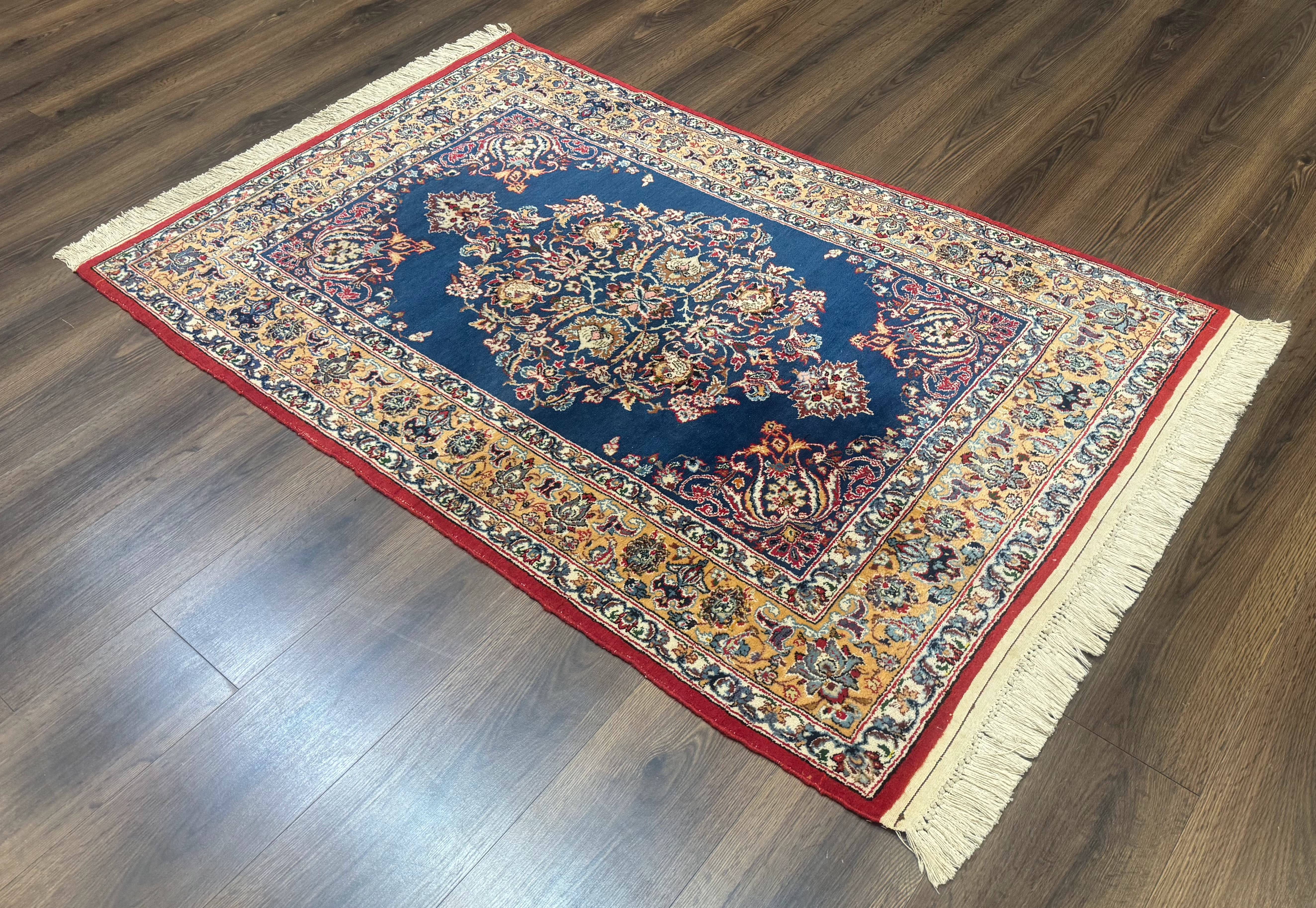 Blue Persian Qum Rug 3.6 x 5, Floral Medallion, Fine 310 KPSI - Jewel Rugs