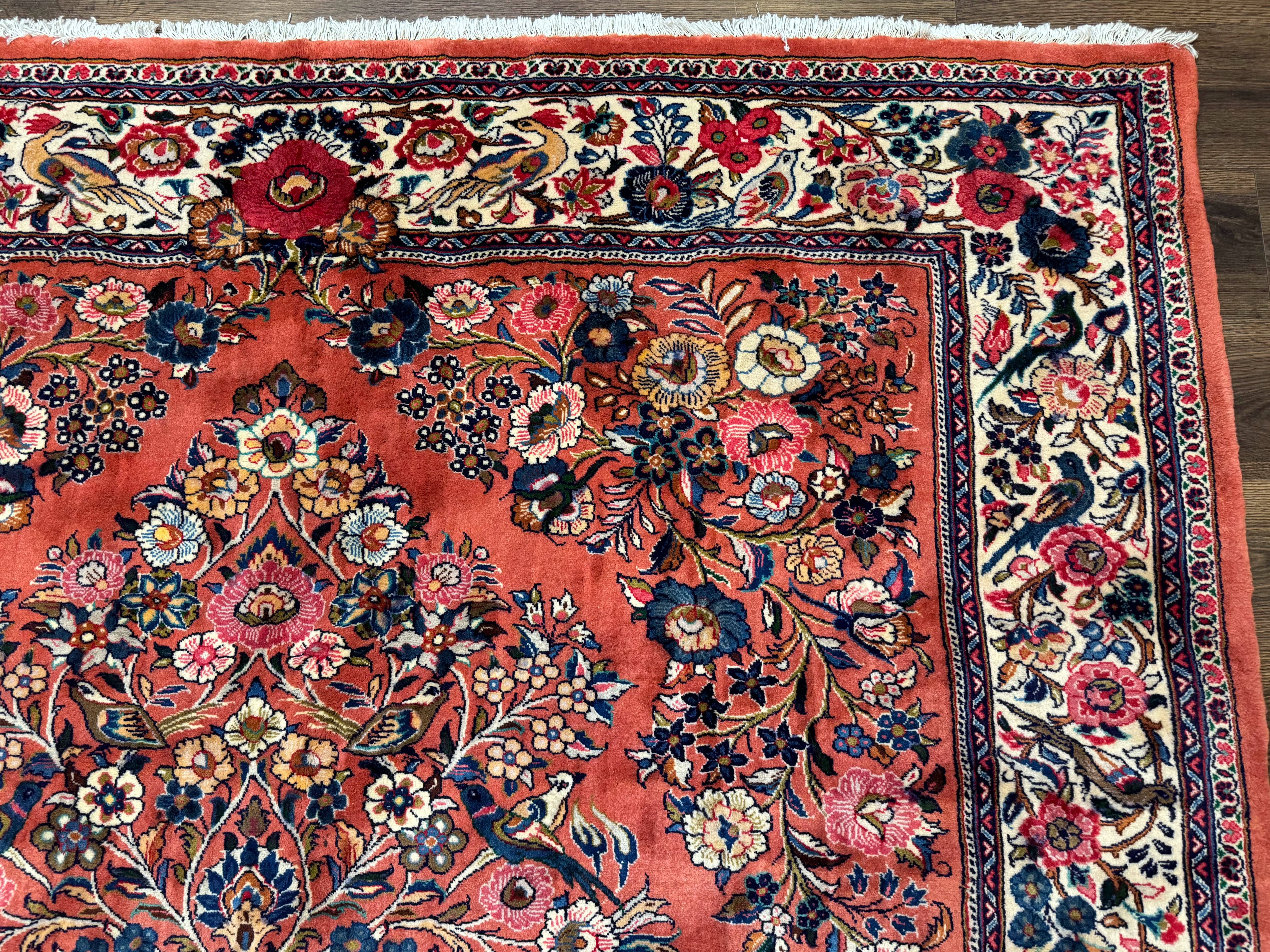 Persian Sarouk Rug 7x10, Red and Ivory, Floral Bouquets, Birds - Jewel Rugs