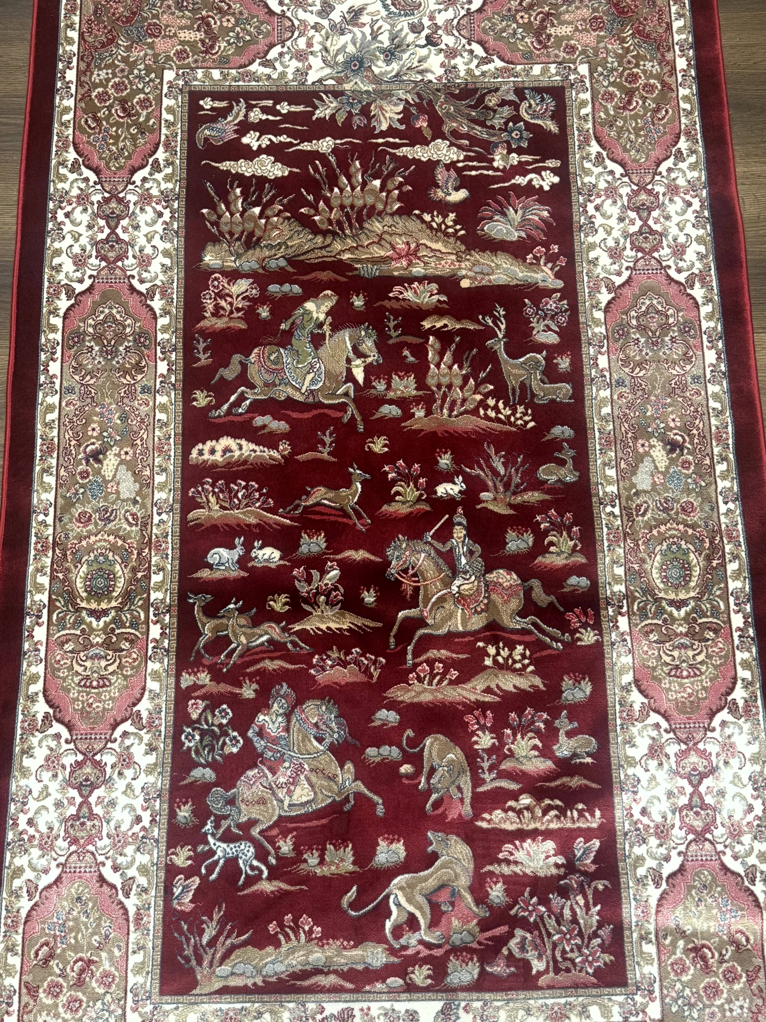 Turkish Silk Rug 3x5, Hunting Design, Dark Red & Ivory, Bamboo Silk, New - Jewel Rugs
