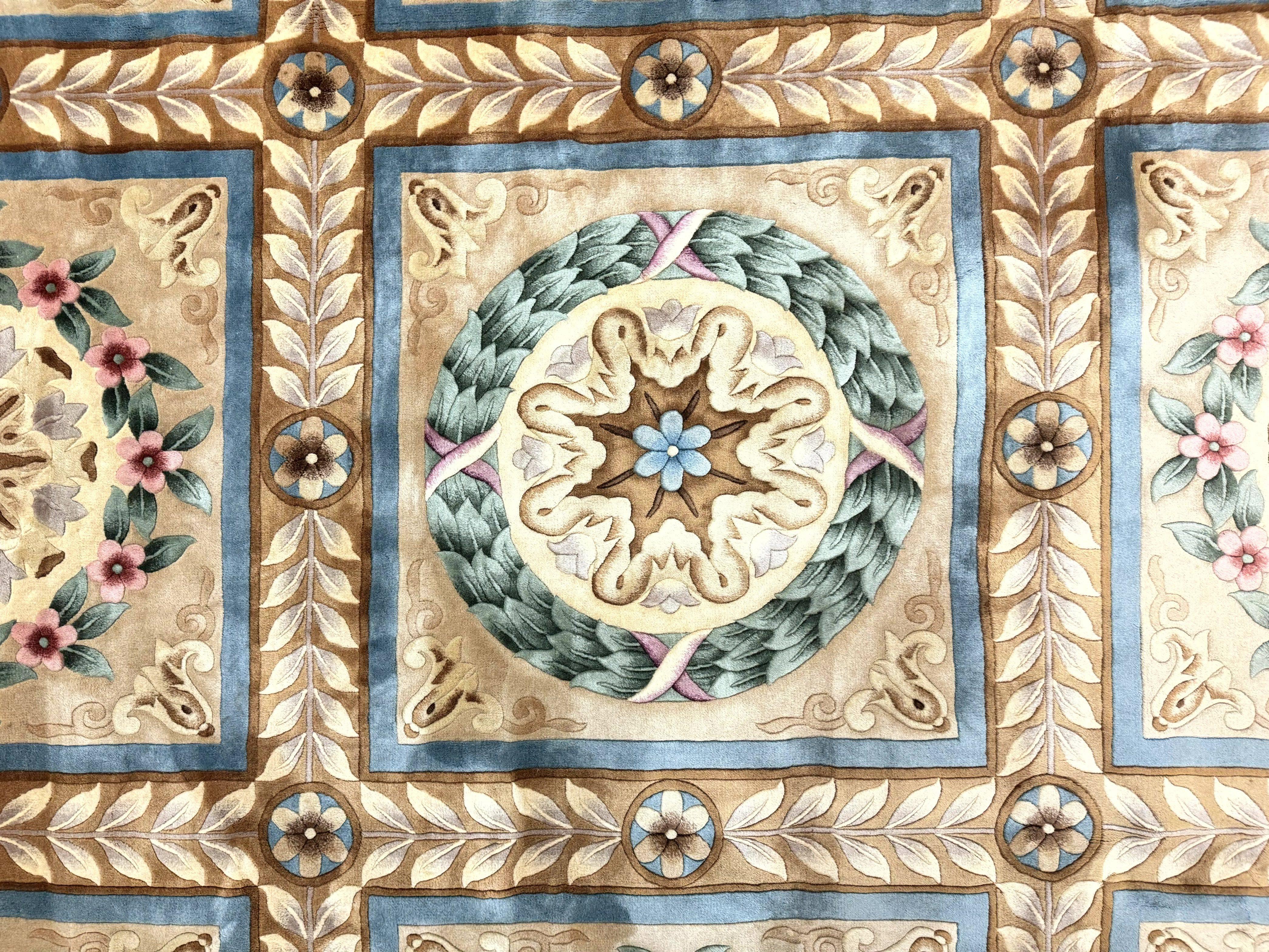 Chinese Aubusson Wool Rug 10x13, European Panel Design, Elegant Carpet, Vintage Handmade Plush Wool Pile Carpet, 90 Line Rug, Tan - Jewel Rugs