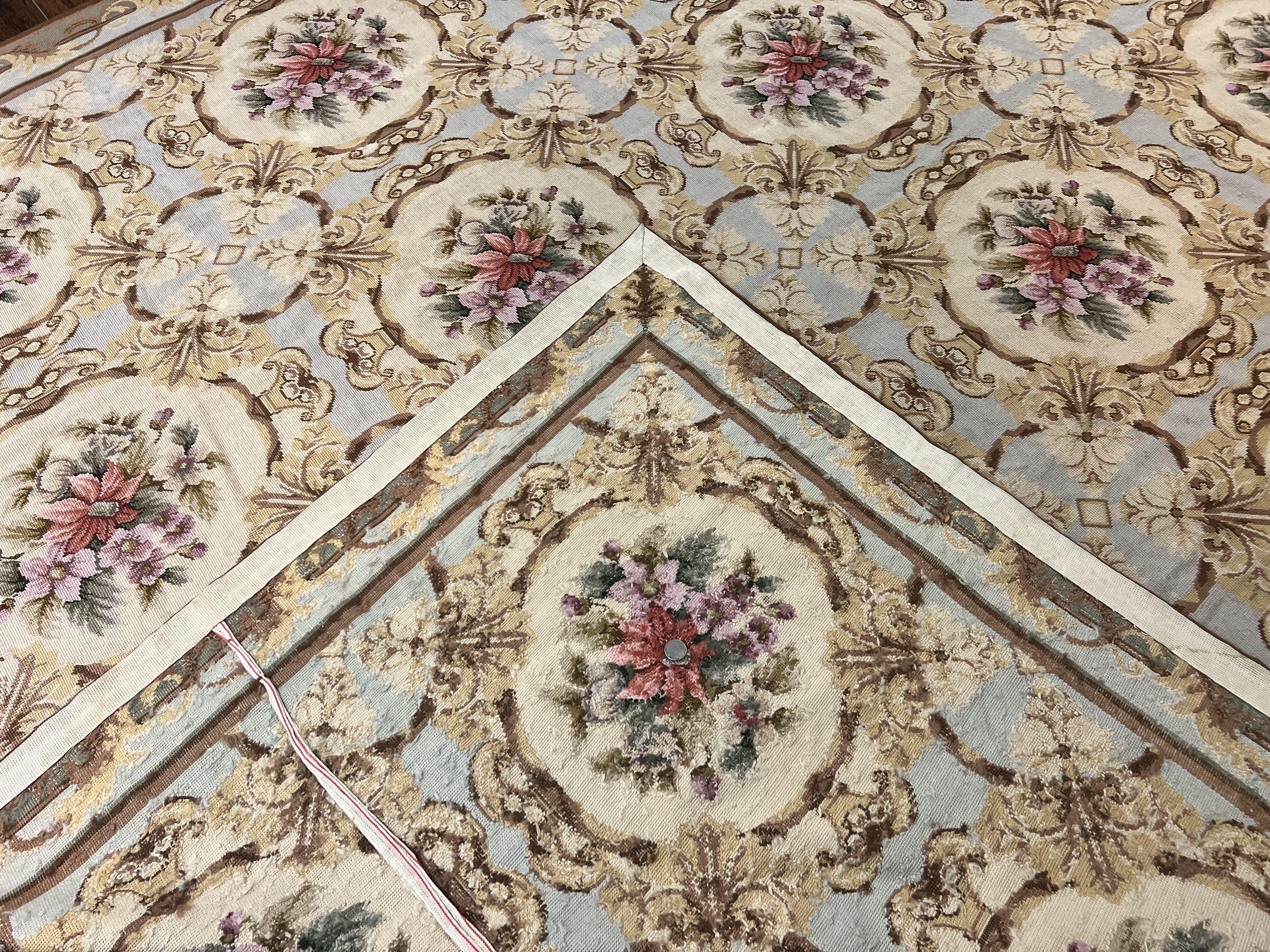 Chinese Needlepoint Rug 8x11, Handmade Wool Needlepoint Carpet, Vintage, Sky Blue - Jewel Rugs