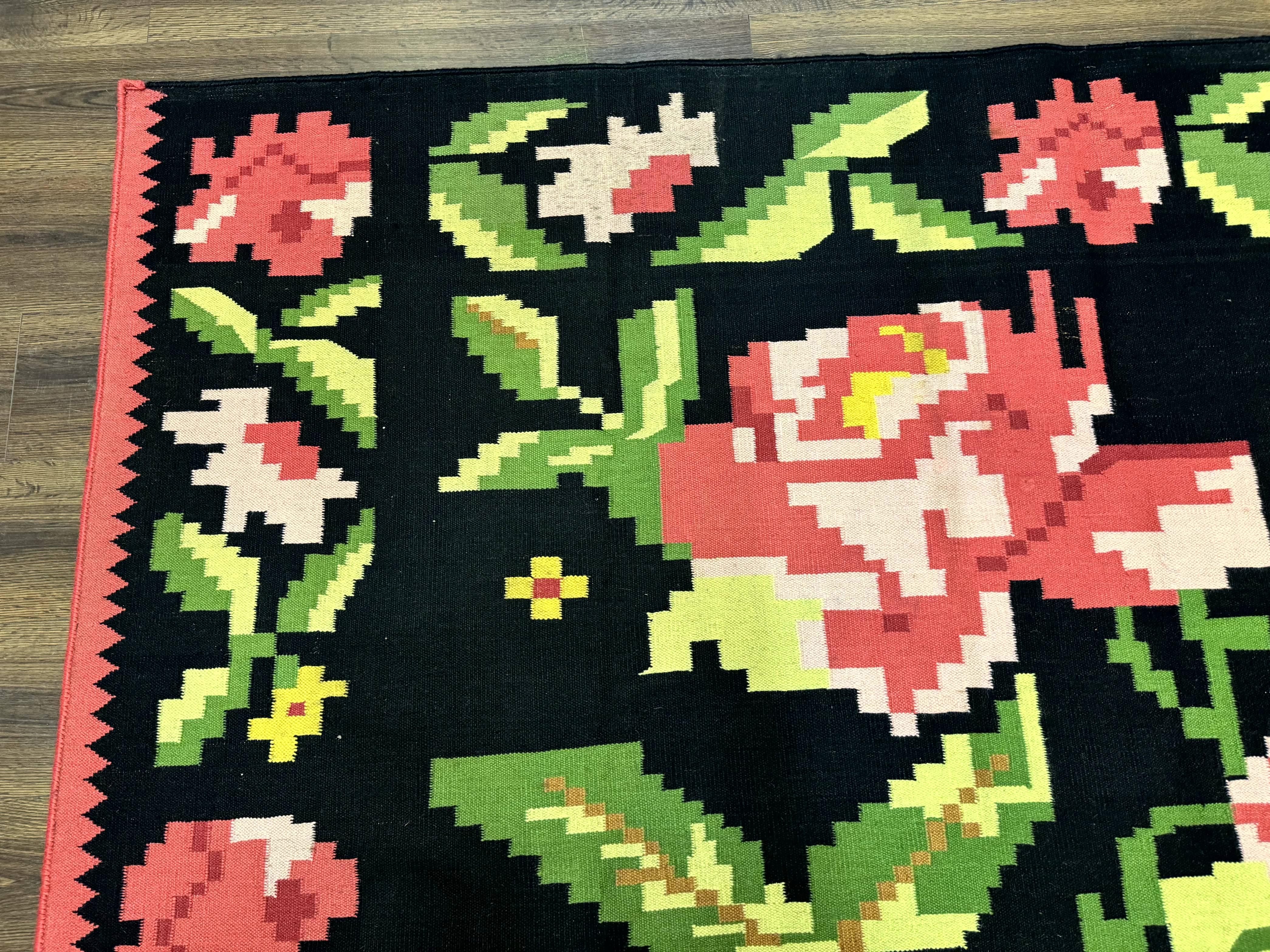 Large Indian Dhurrie Rug 8x10, Black Pink Green, 8 x 10 Kilim Rug, Handmade, Wool, Floral - Jewel Rugs