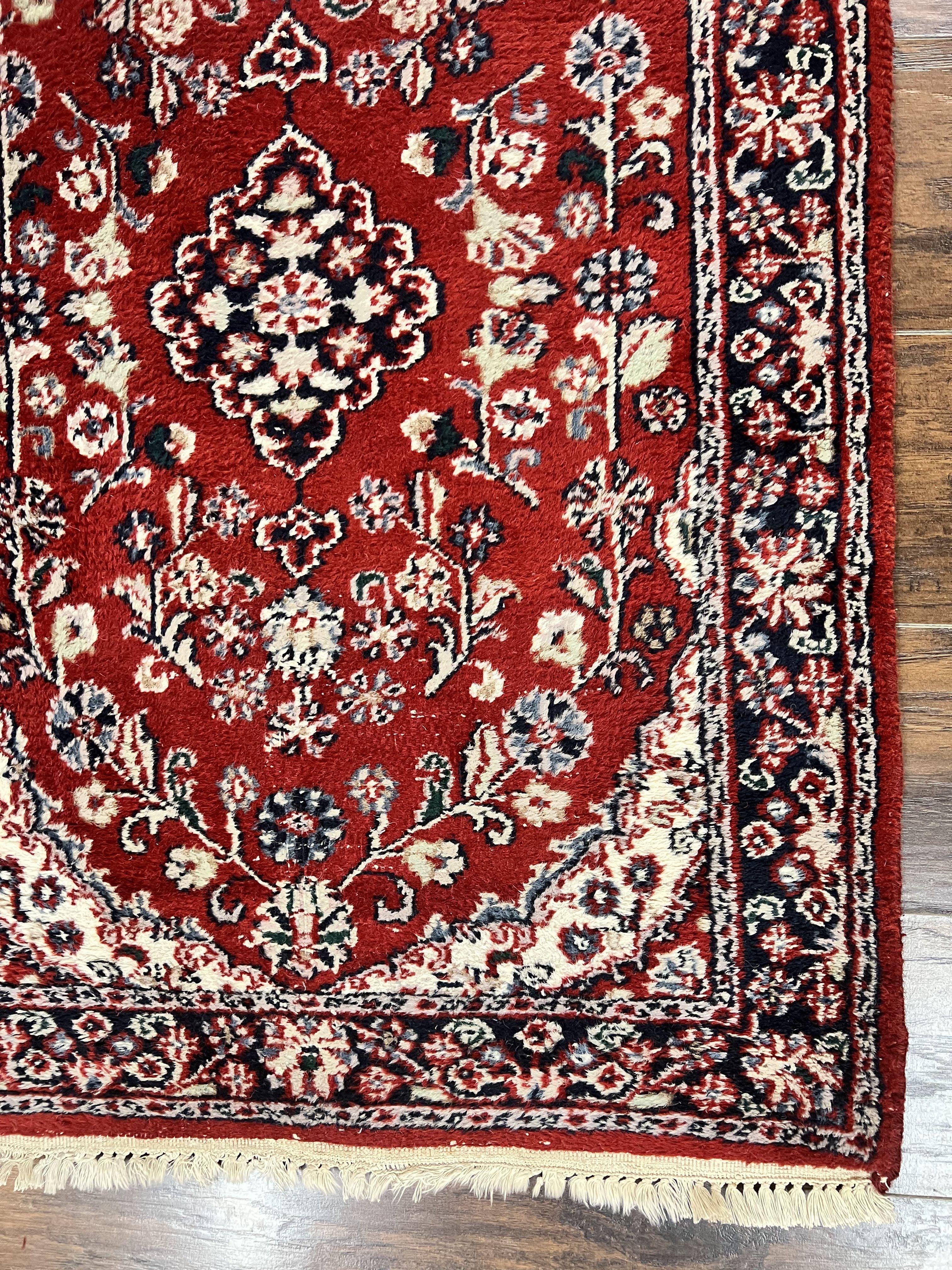 Indo Sarouk Runner Rug 3x8, Wool Hand Knotted Vintage Carpet, Red & Navy Blue Oriental Persian Runner 3 x 8, Floral Hallway Rug - Jewel Rugs