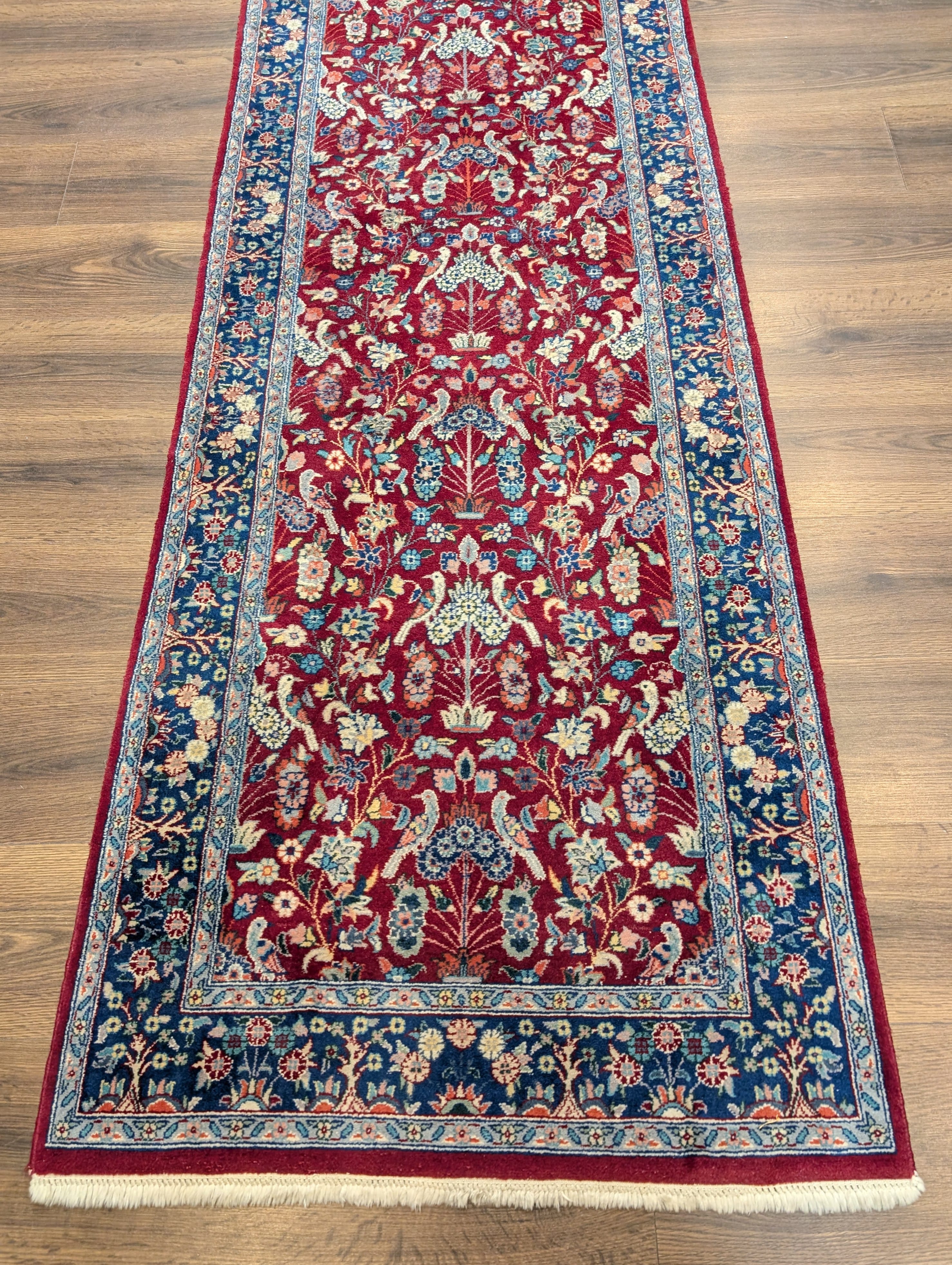 Pak Persian Runner 3 x 8 ft, Bird Motifs, Hand-Knotted Wool, Red, 210 KPSI - Jewel Rugs