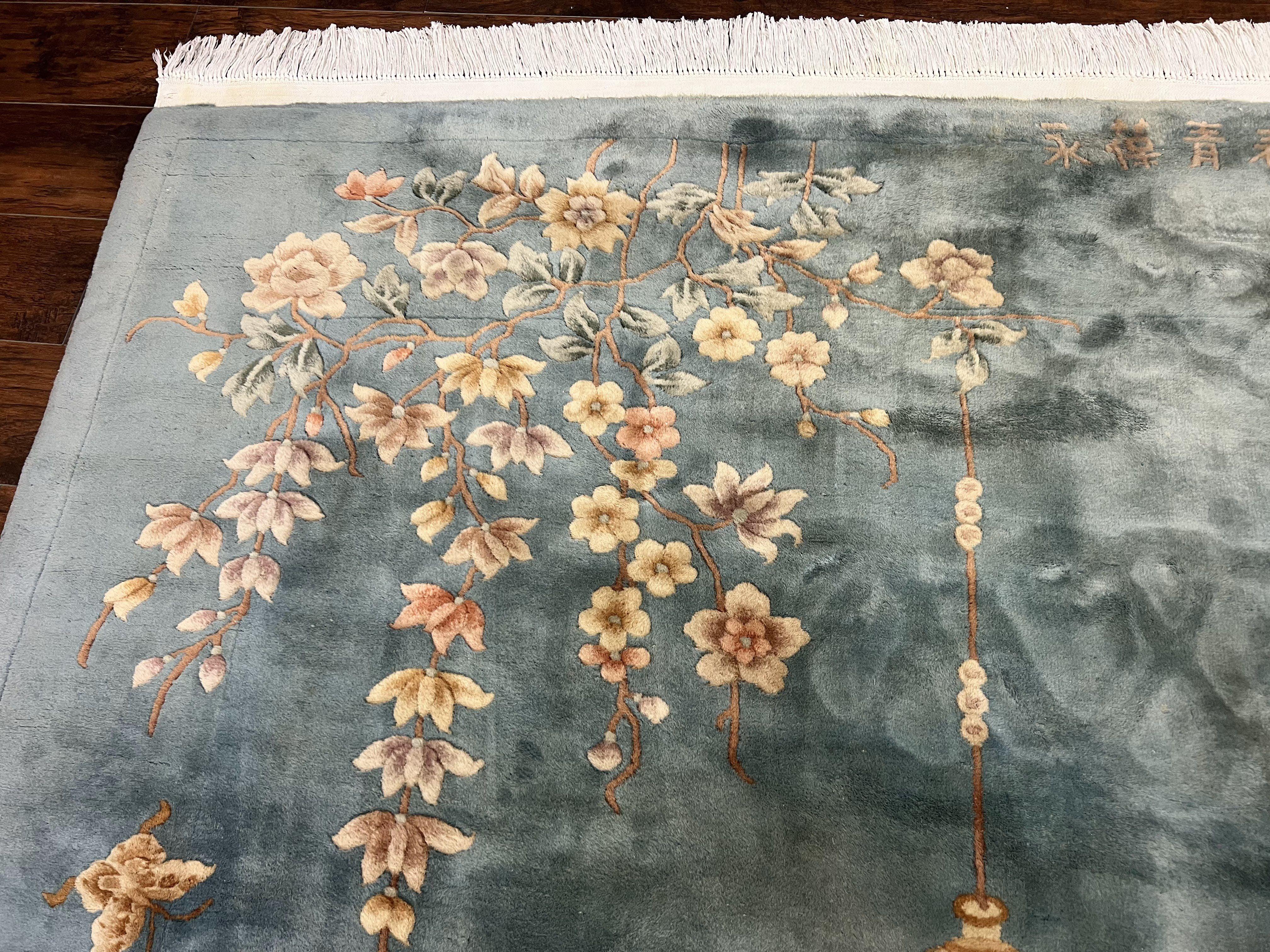 Chinese Wool Rug 9x12, Art Deco Carpet 9 x 12, Wool Handmade Vintage 90 Line Carving Rug, Floral Simple Design - Jewel Rugs