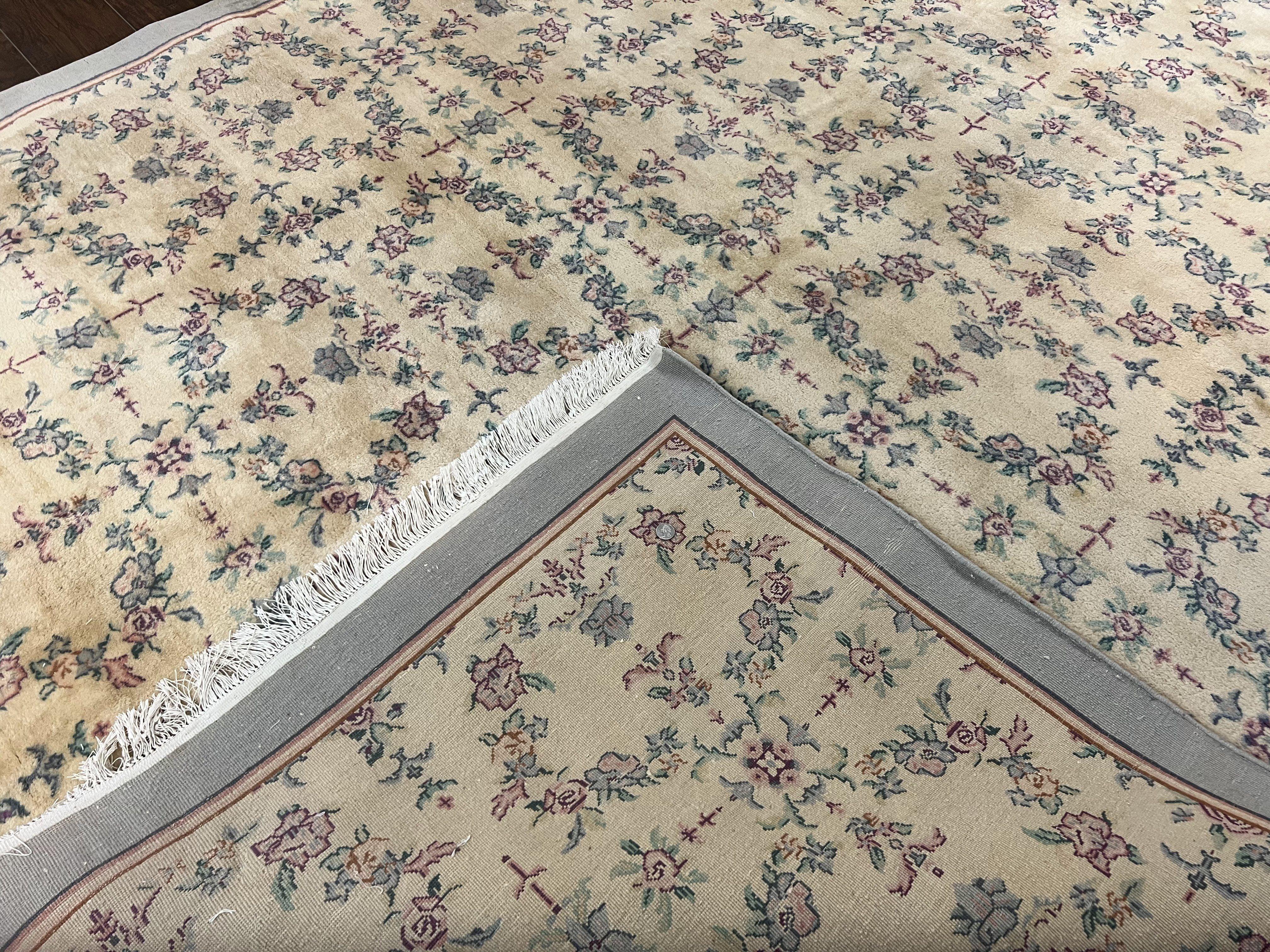 Sino Persian Rug 8x10, Floral, Oatmeal and Light Teal, Handmade Wool Vintage Carpet - Jewel Rugs