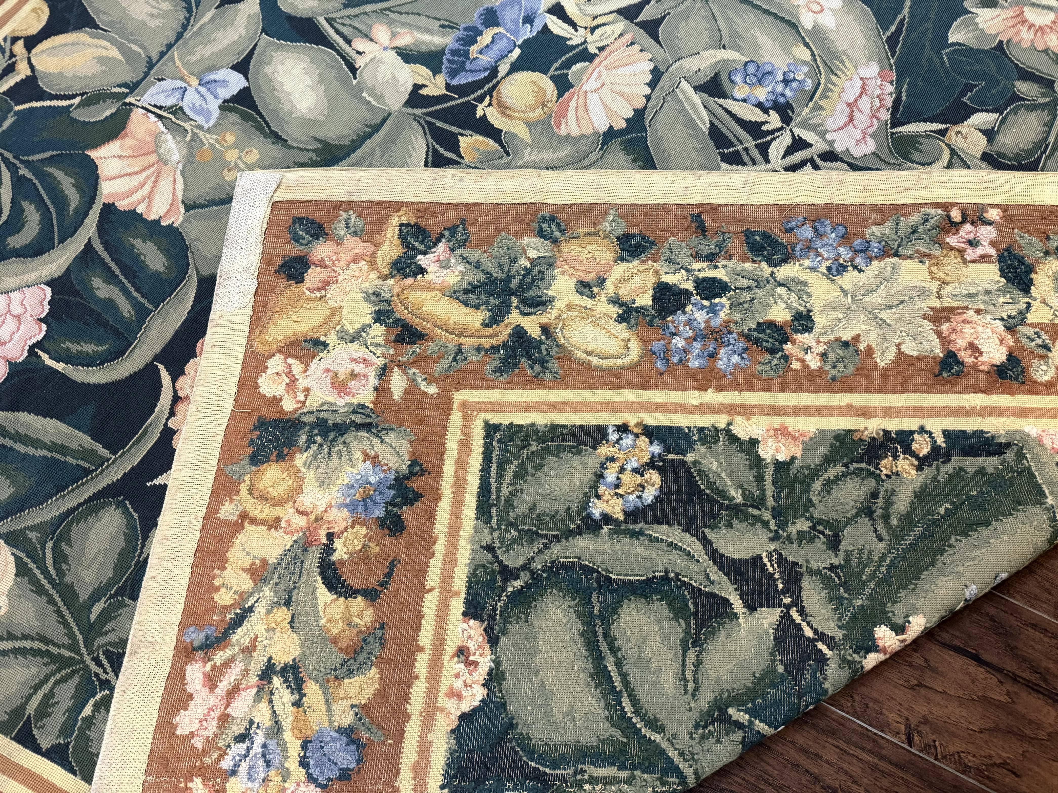 Needlepoint Rug 8x10, Vintage, Handmade, Wool, Green, Leaves & Fruits - Jewel Rugs