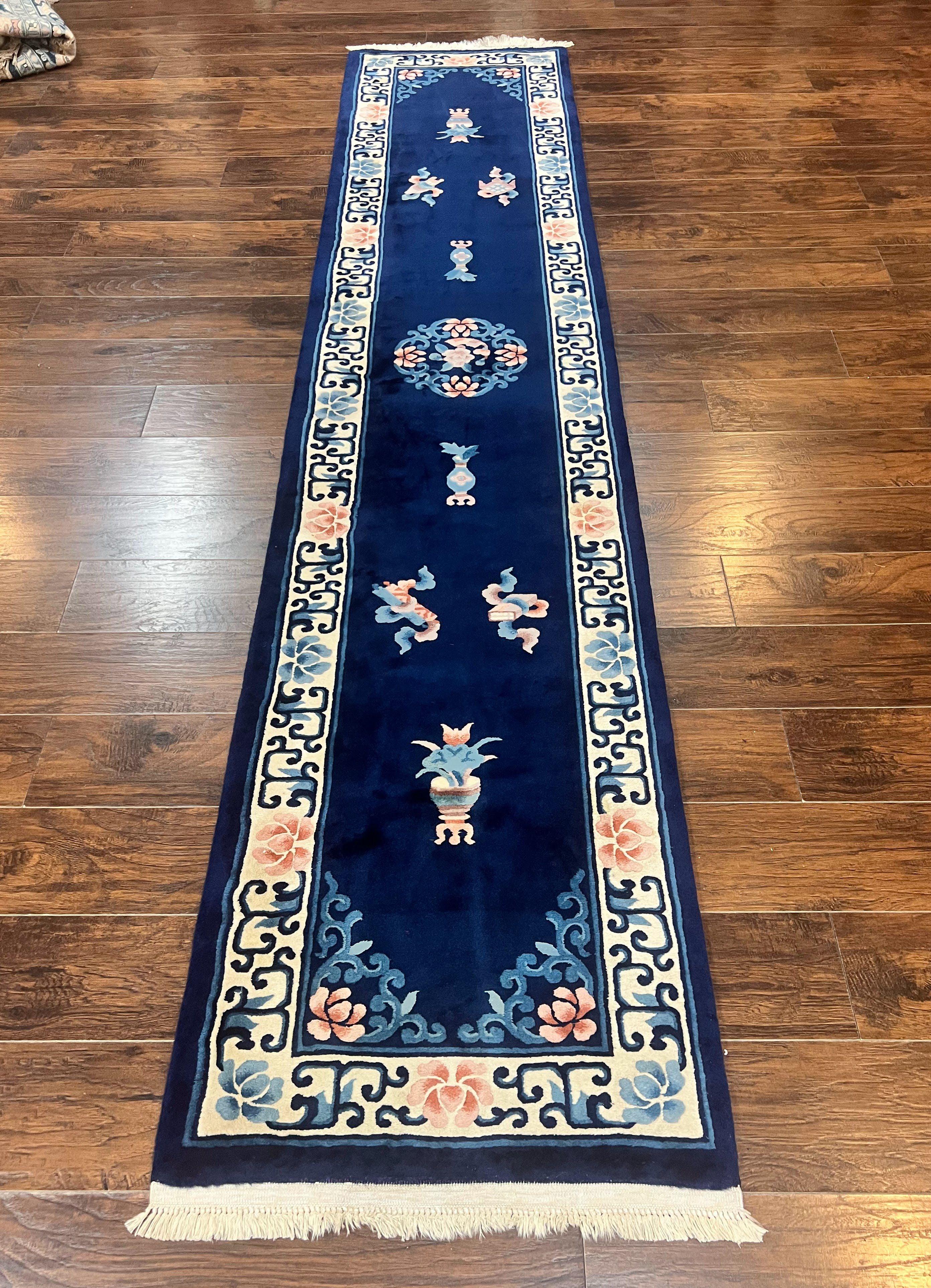 Chinese Wool Runner Rug 2.6 x 12, Blue and Beige, Handmade Vintage Wool Rug for Hallway, 12ft Runner, Asian Oriental Art Deco 90 Line Rug - Jewel Rugs